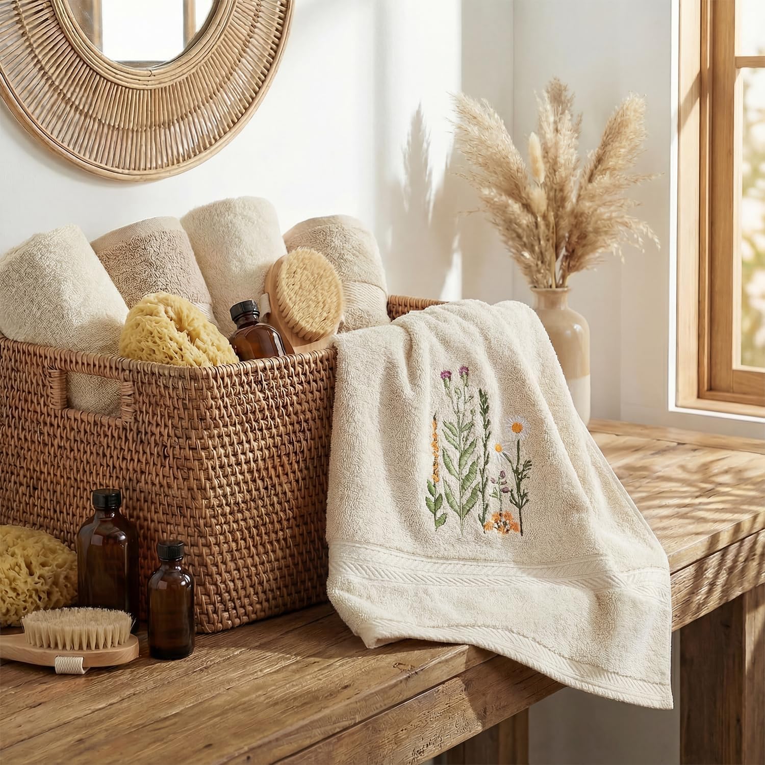 Artoid Mode 2 Pcs Beige Wildflower Floral Embroidered Hand Towels for Bathroom, 100% Cotton Soft Absorbent Farmhouse Decor Towels, 13.7 x 29.5 Inch