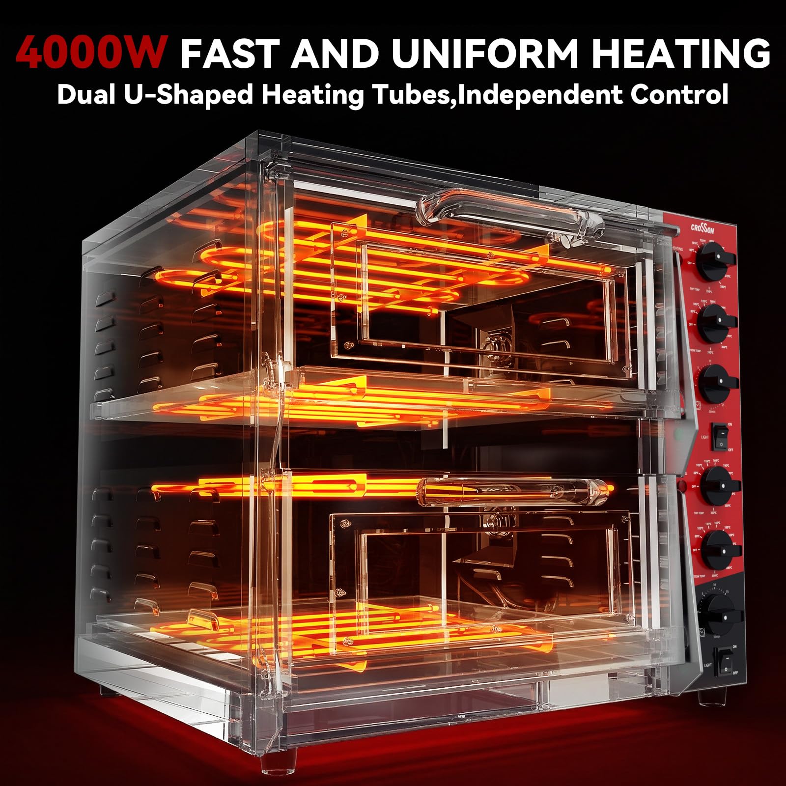 Four à pizza électrique professionnel CROSSON avec surface de cuisson 400x400 mm en pierre d’argile réfractaire pour pizza et pain, température supérieure et inférieure indépendante jusqu’à 350°C