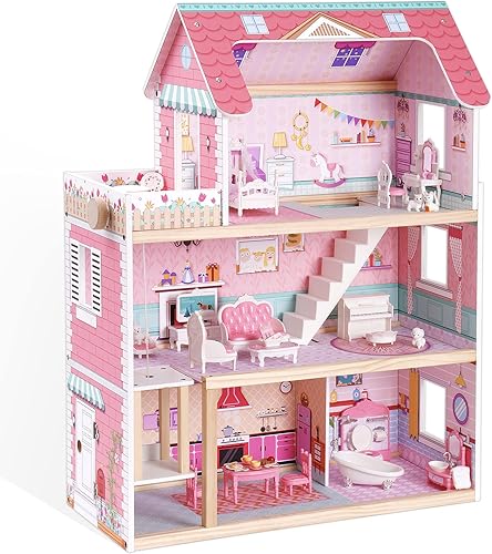 Miniatura 8 de ROBUD Casa de muñecas de madera, juego de casa de muñecas con 24 piezas exquisitos accesorios, elevador de trabajo, regalo para mayores de 3 años