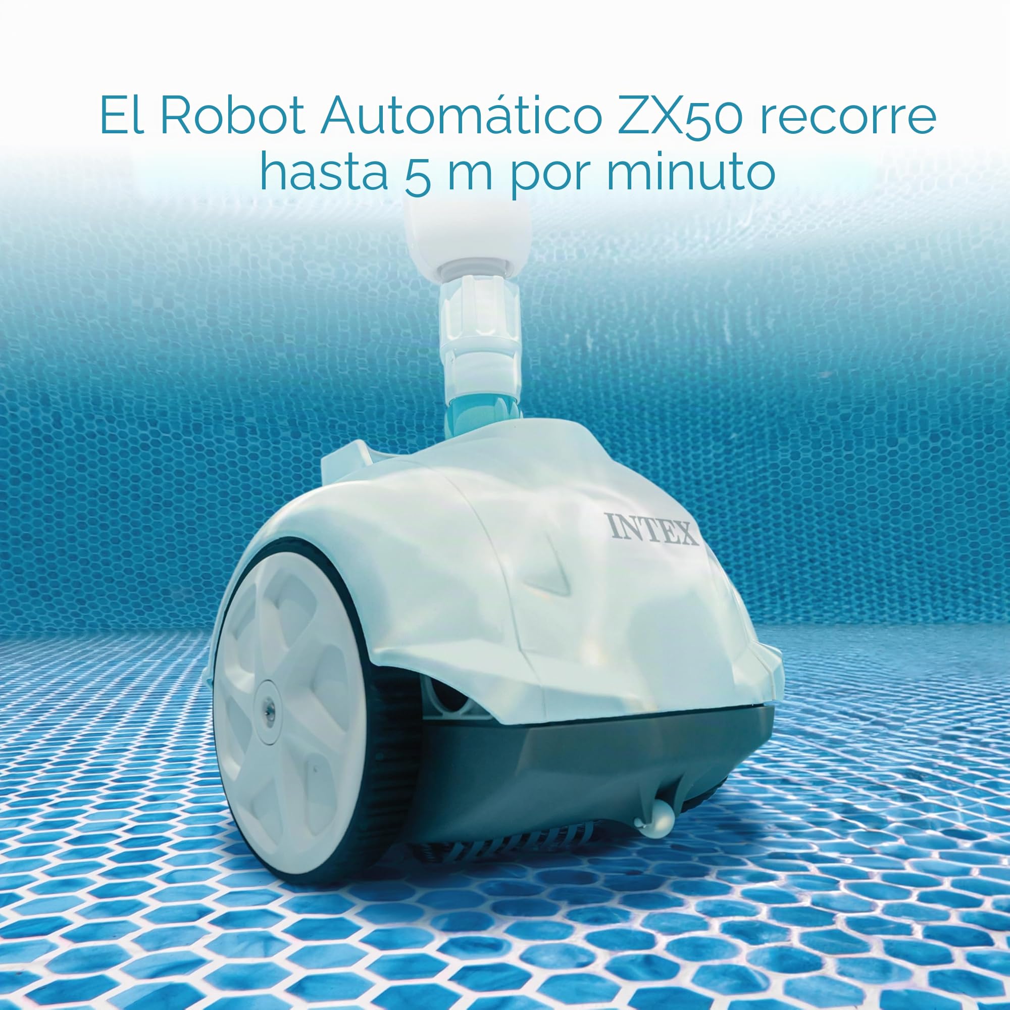 Intex 55251 - Robot limpiafondos piscina Krystal Clear ZX50, Limpiador fondo piscina automático, Manguera 6.5m antienrredos, recipiente para desechos 0,8L y giro automático, Limpiafondos piscina