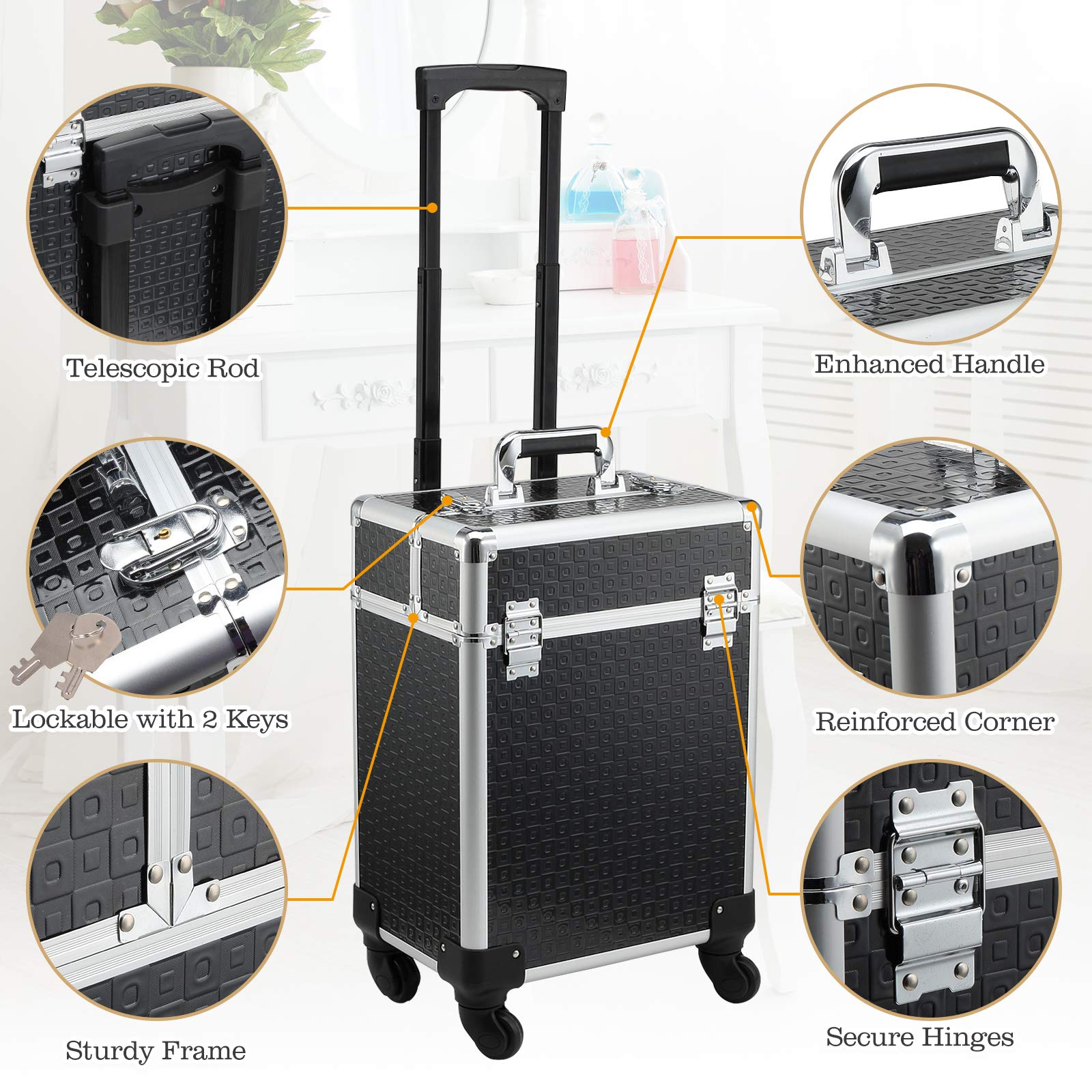 HOMCOM Walizka na wózek do makijażu kosmetyczka Vanity regulowany uchwyt teleskopowy 34L x 24 l x 52H cm alu. Czarny