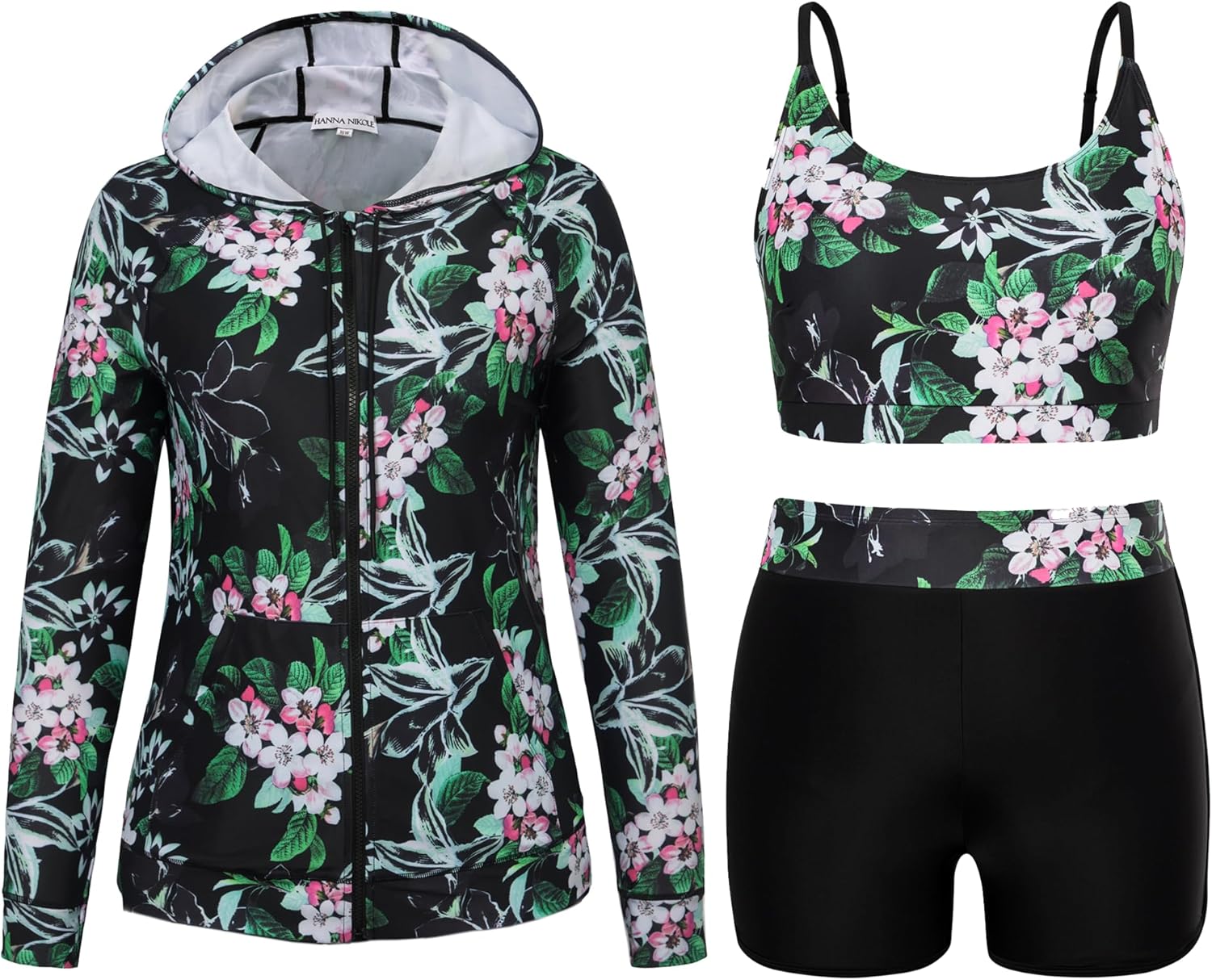 Hanna Nikole Women's Plus Size 3 Piece Rash Guard Long Sleeve Boyshort Swimsuits Zipper UPF 50+ Hooded Bathing Suit Black White Floral 18 Plus