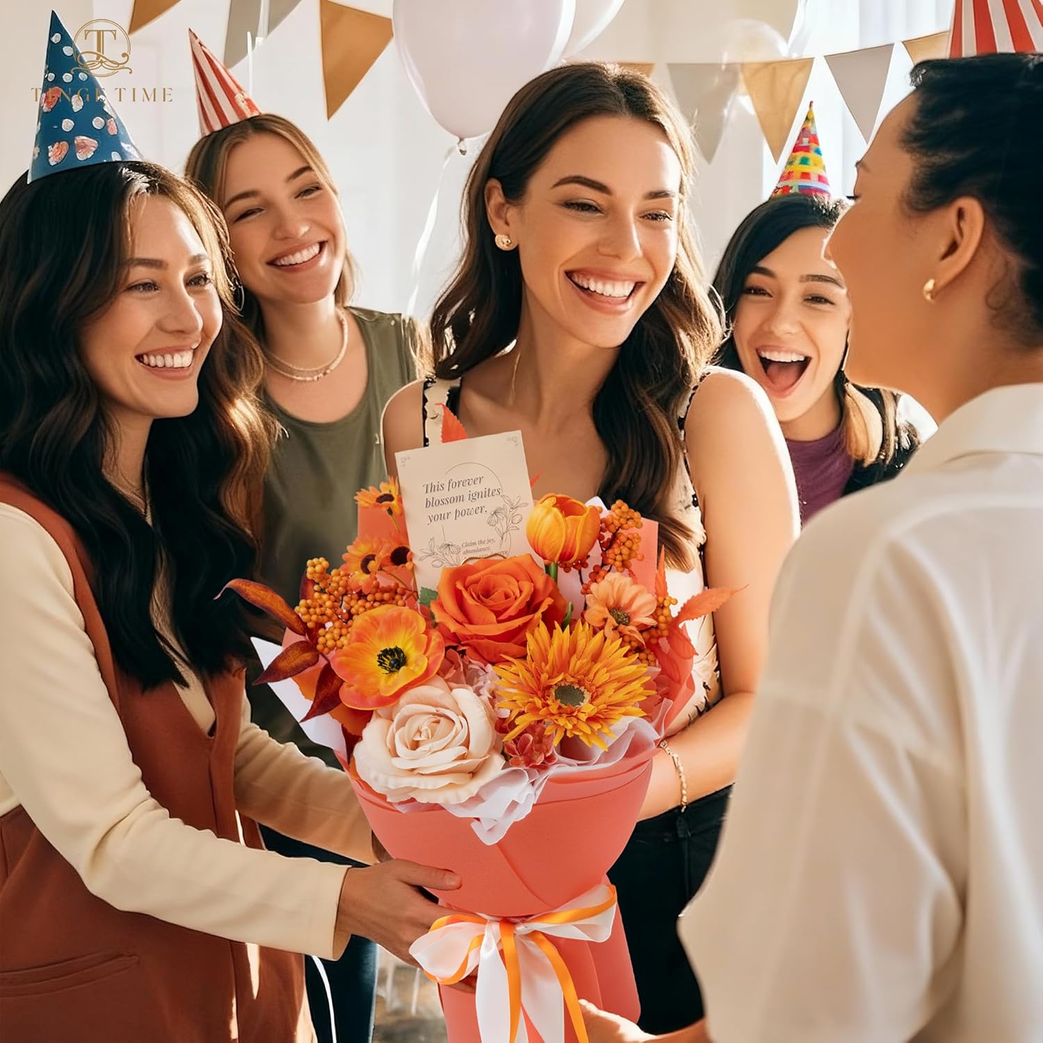 TINGE TIME Preserved Flowers Bouquet, Orange Faux Rose Bouquets, Artificial Flowers Faux Silk Flowers Arrangement for Dining Room Centerpiece Table Decoration Wedding Living Room Bedroom - Image 2