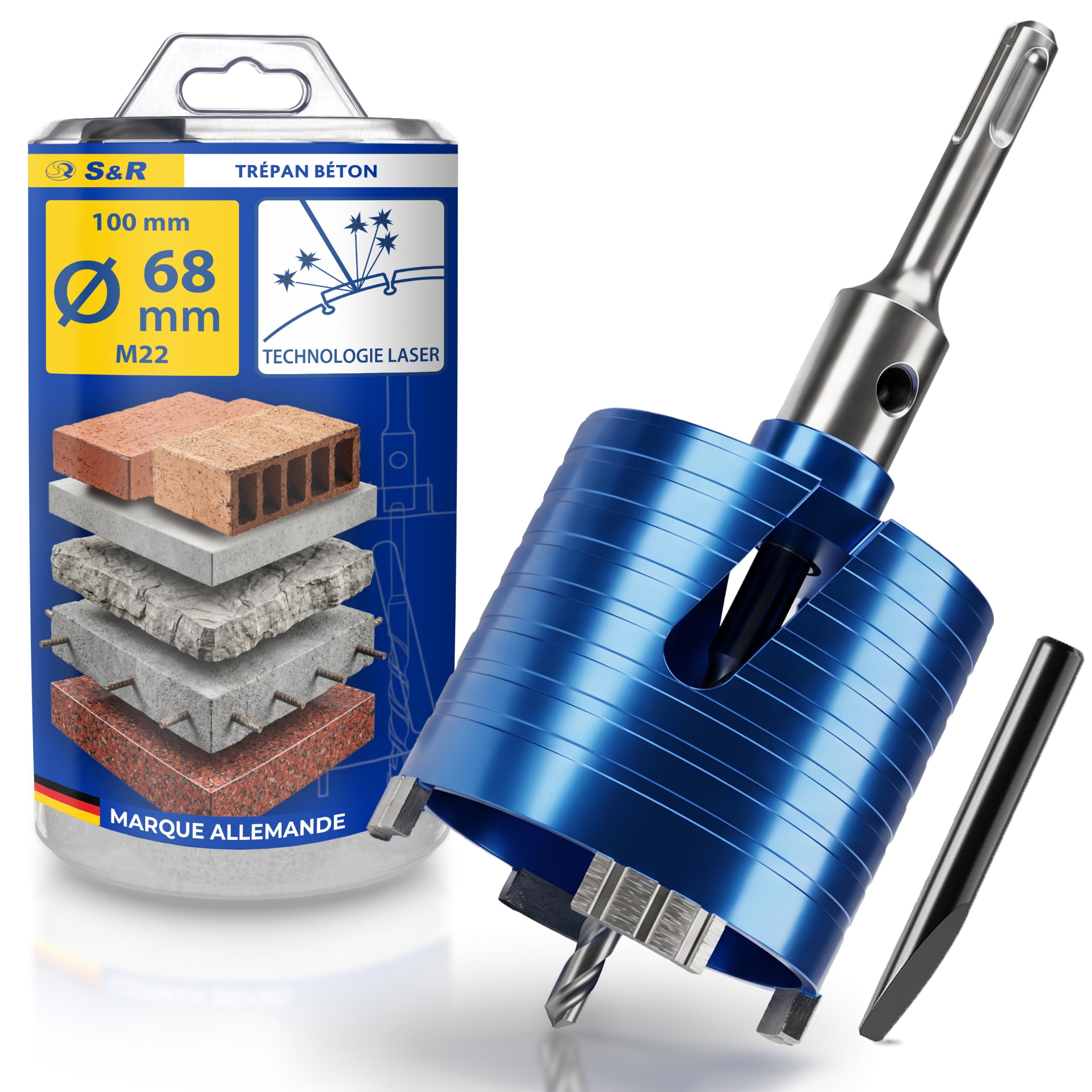 S&R Scie Cloche Trépan Béton 68mm. Foret Couronne Diamant Carotteuse 68. Scie Cloche Brique Marbre Maçonnerie. Adaptateur SDS Plus M16 et Foret Guide 8x110 mm