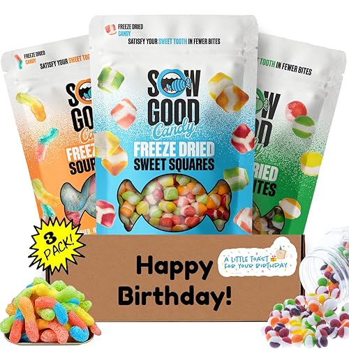 Hangry Kit Caja de aperitivos de cumpleaños, paquete de cuidado de cesta de regalo de feliz cumpleaños, contiene dulces liofilizados de cumpleaños,