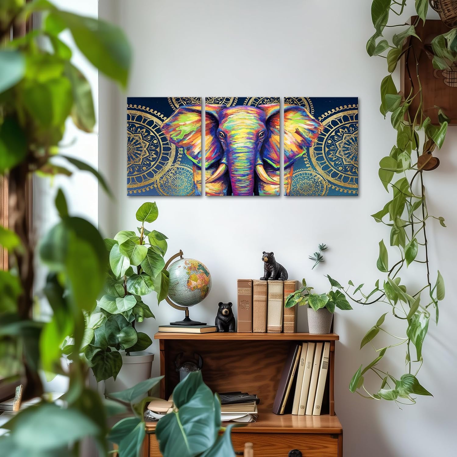Apicoture Bohemian Elephant Picture Wall Art Colorful Animal Canvas Wall Art Boho Gold Mandala Flower Elephant Wall Decor Ready to Hang 12x16inchx3pcs