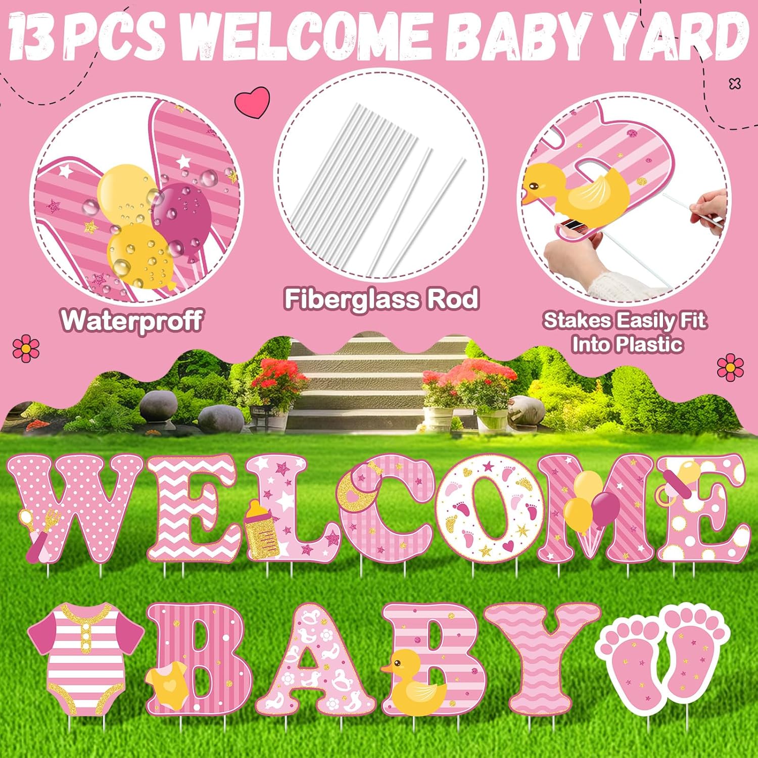 13 Pcs Baby Shower Yard Sign 'welcome Baby' Yard Signs with Stakes, 15 Inch Tall Girl boy Lawn Sign Gender Reveal Outdoor Decoration Welcome Home Newborn Announcement for Party Decorations(Pink)