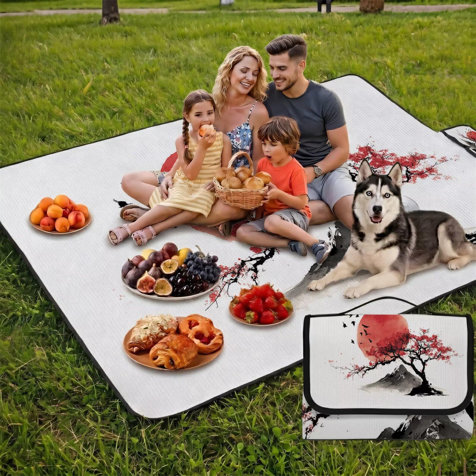 Couverture Pique Nique Grande 200x300cm,Outdoor Couverture Imperméable,Pliable Tapis de Plage Dos en PVC,Picnic Blanket pour Camping Accessoires,Jardin,Parc - Japon,Fleurs de Prunier (2) UZ-171