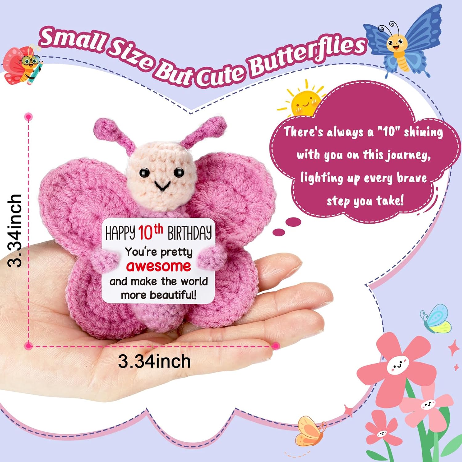 Pink Crochet Butterfly Birthday Gift, Handmade 4" Amigurumi Plush with “Happy Birthday” Sign, Cute Small Stuffed Butterfly Tween Desk Decor - Image 2