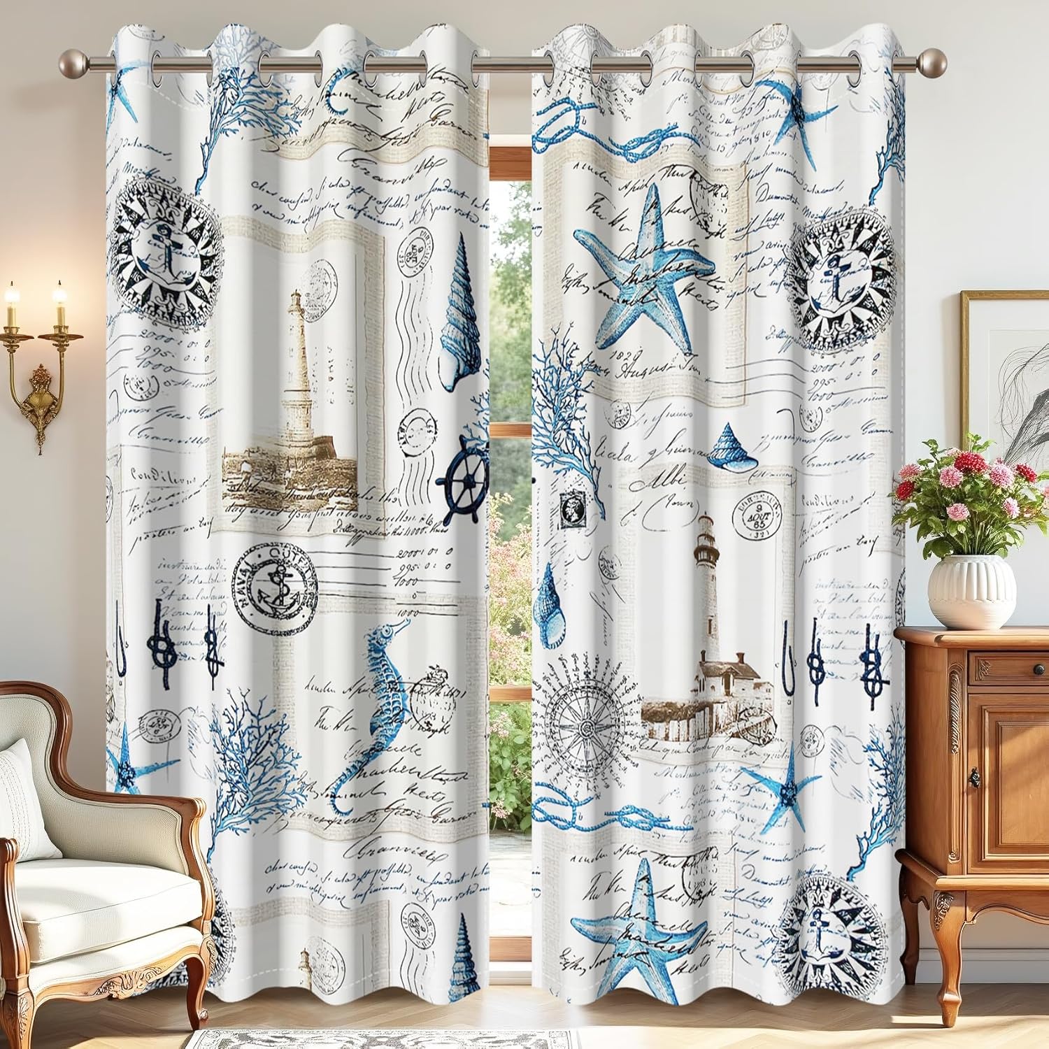 AWERT Nautical Theme Window Curtains 63 Inches Long 2 Panels Blue Starfish Shell Compass Vintage Window Treatments for Bedroom Living Room Thermal Insulated Each Size 42x63 Inches