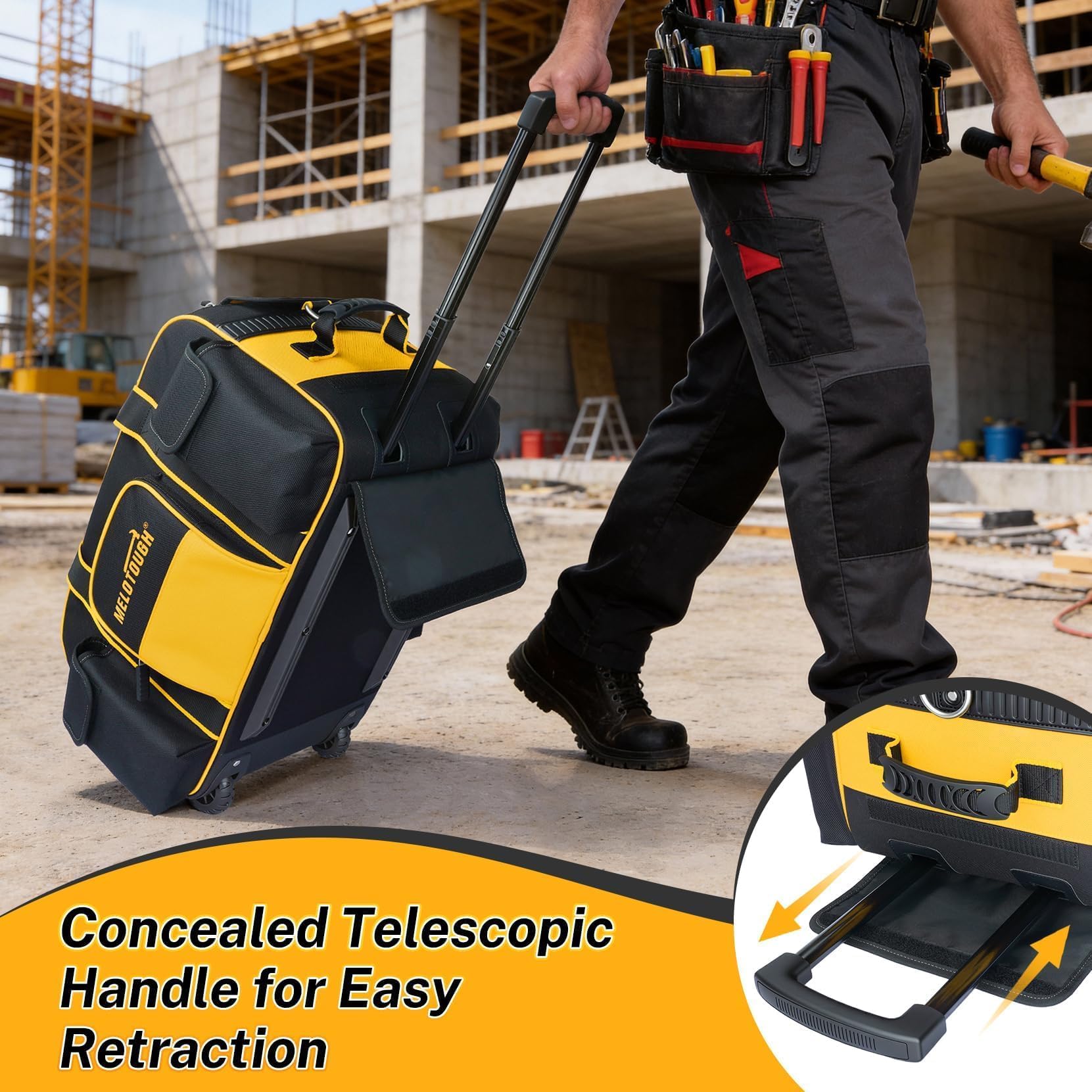 MELOTOUGH Sac à outils à roulettes robuste avec poignée télescopique dissimulée, grande capacité, plusieurs poches pour électricien, CVC, construction, charpentier (jaune)