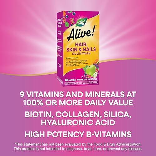 Miniatura 4 de Nature's Way Alive! Multivitamínico para cabello, piel y uñas con biotina y colágeno, 60 cápsulas blandas