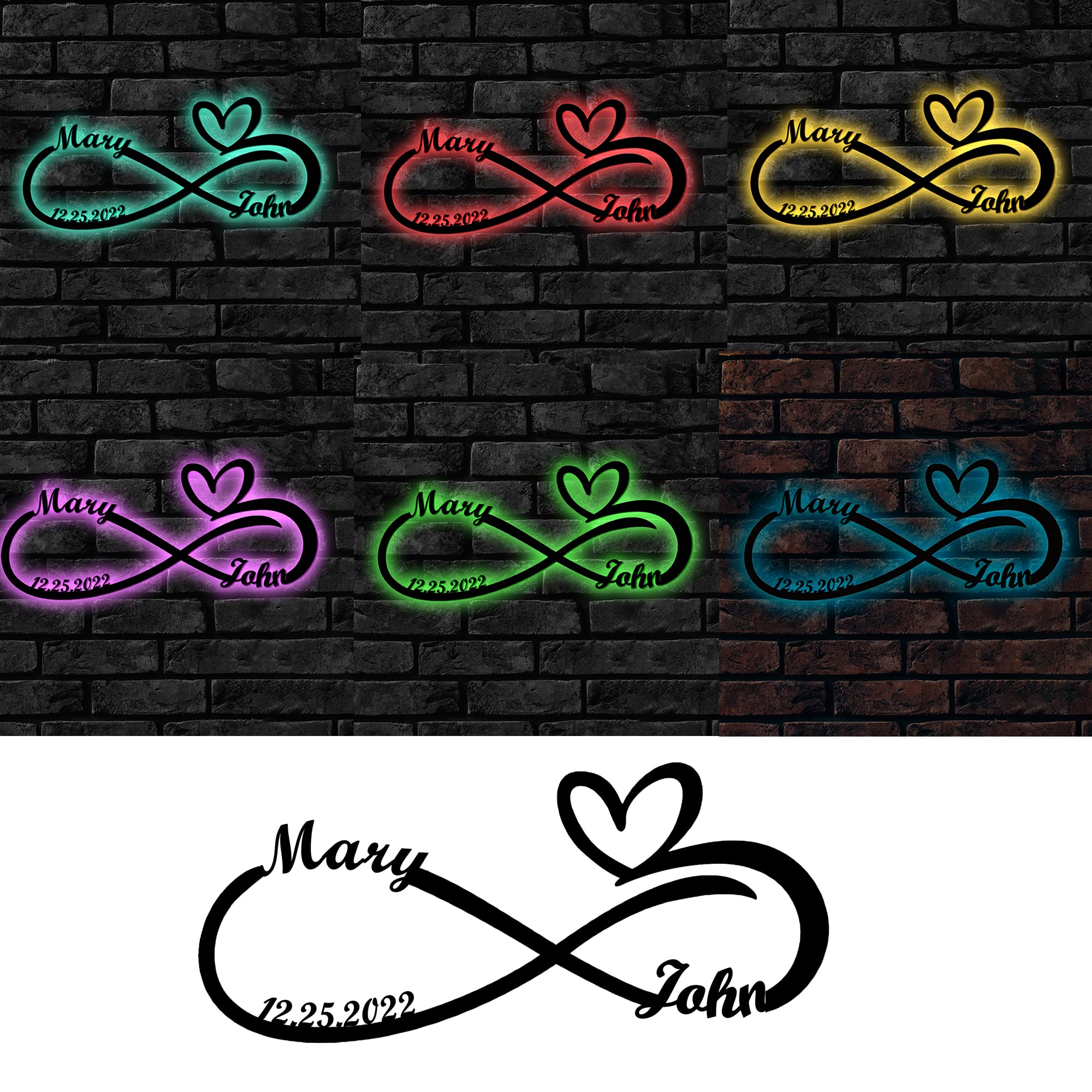 Signe en métal Infini personnalisé avec lumières LED Signe de Coeur Décoration Murale en métal Décoration extérieure Cintre de Porte d'entrée Nom personnalisé Date Porte Décoration Murale