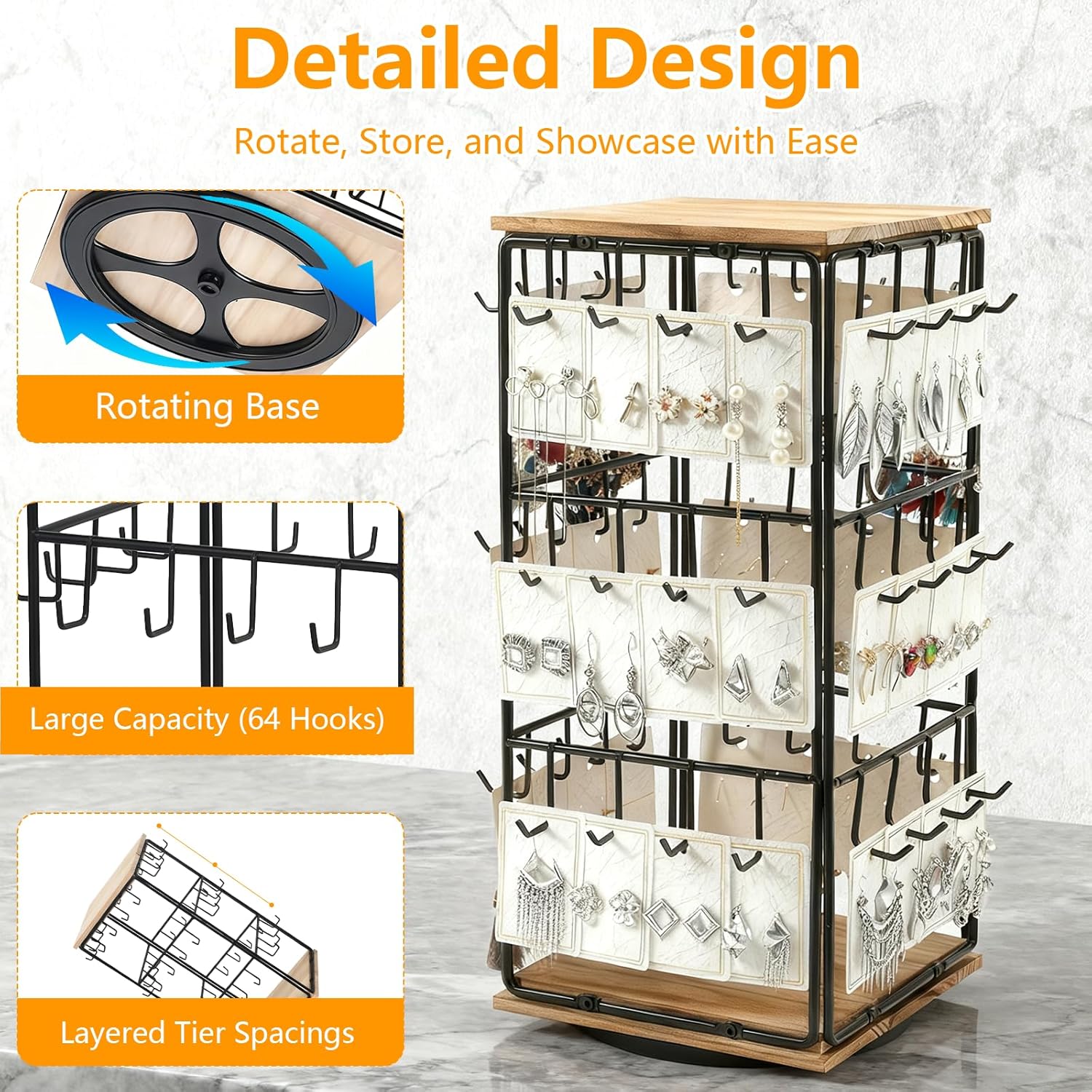 Rotating Earring Display Holder Stand for Vendors Events Selling, Large Capacity 48 Hooks Jewelry Rack with Wooden Base for Earring Card Sales, Enhances Retail Visibility
