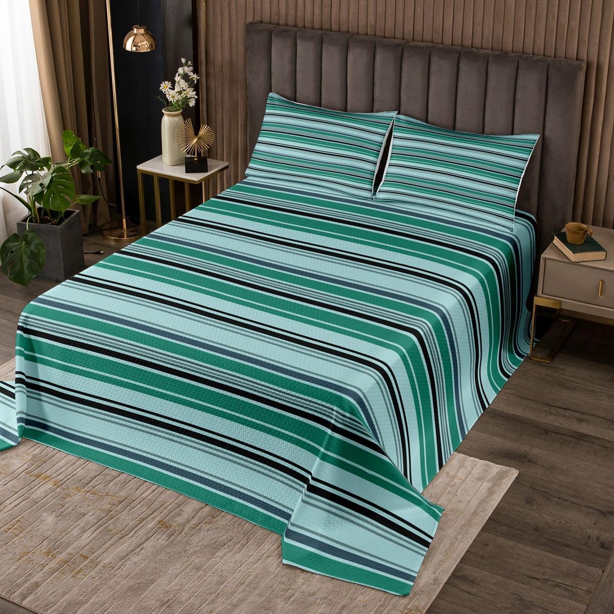 Homewish Blue Green Striped Bedspread Twin Size,Geometric Lines Bedding Sets 2Pcs for Kids Girls Boys Room Decor,Modern Comforter Set Abstract Art Quilt Coverlet,1 Pillowcase