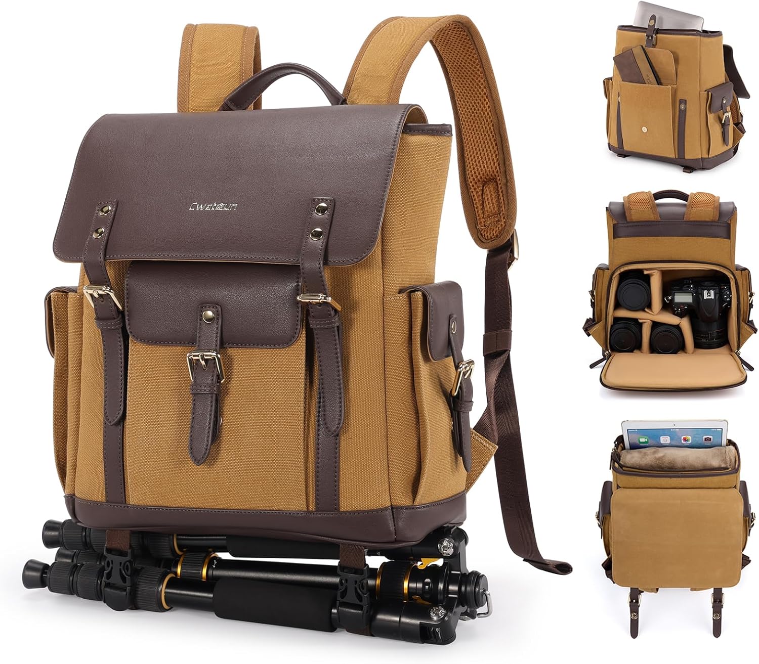 Cwatcun Camera Backpack, DSLR SLR Backpacks Camera Bag with 13”laptop sleeve compartment and Tripod Holder for Photographers -Vintage Canvas& leather Style-Upper and lower Compartment Design(Khaki)