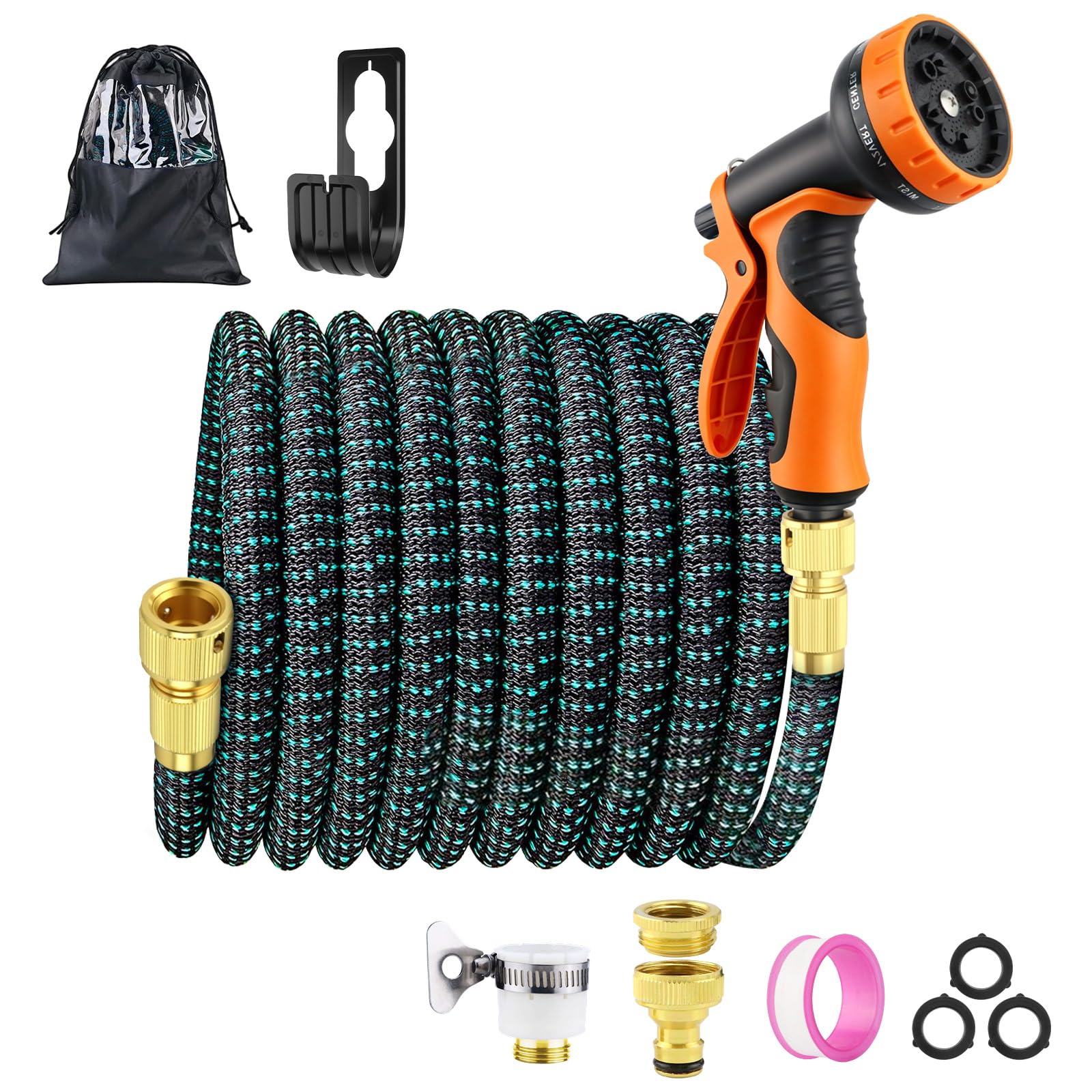 Flexibler Gartenschlauch 22,5m, Wasserschlauch mit 10-Funktions-Sprühdüse, 3-lagiger Latex & 3300D Gewebe, Anti-Knick, inkl. Messingadapter (1/2" & 3/4") und Universaladapter, Tasche & Haken