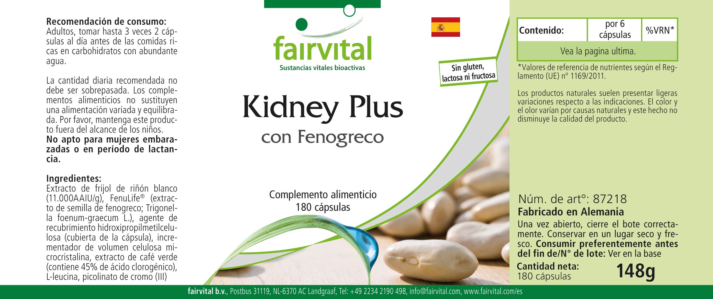 fairvital Kidney Plus con alholva, 180 cápsulas, ALTA DOSIS, VEGANO, con cromo y café verde