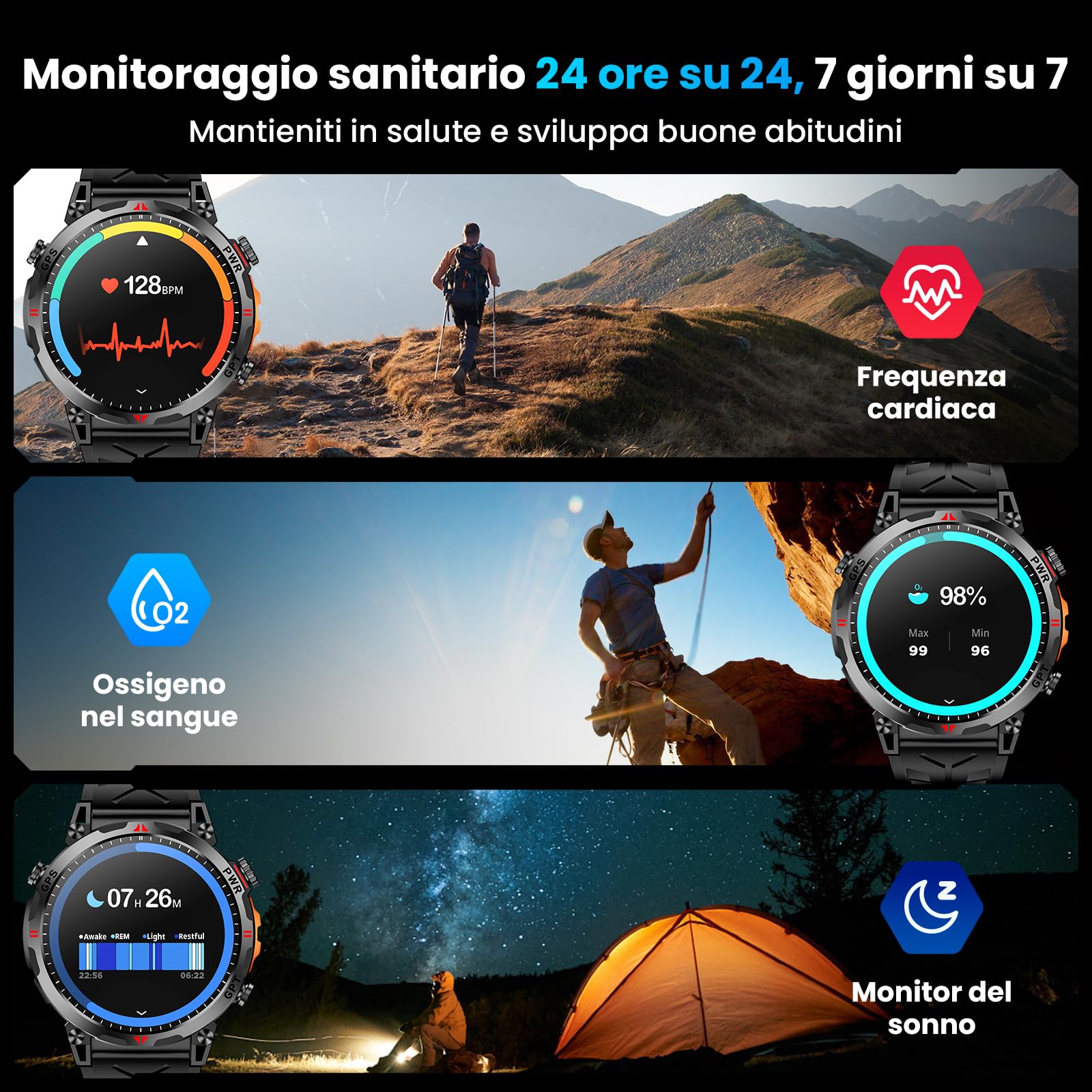 Orologio intelligente militare con GPS, orologio intelligente con assistente vocale GPT/LED Flashlight Compass,a schermo AMOLED da 1,56" Per uomini, compatibile con Android e iOS (Nero)
