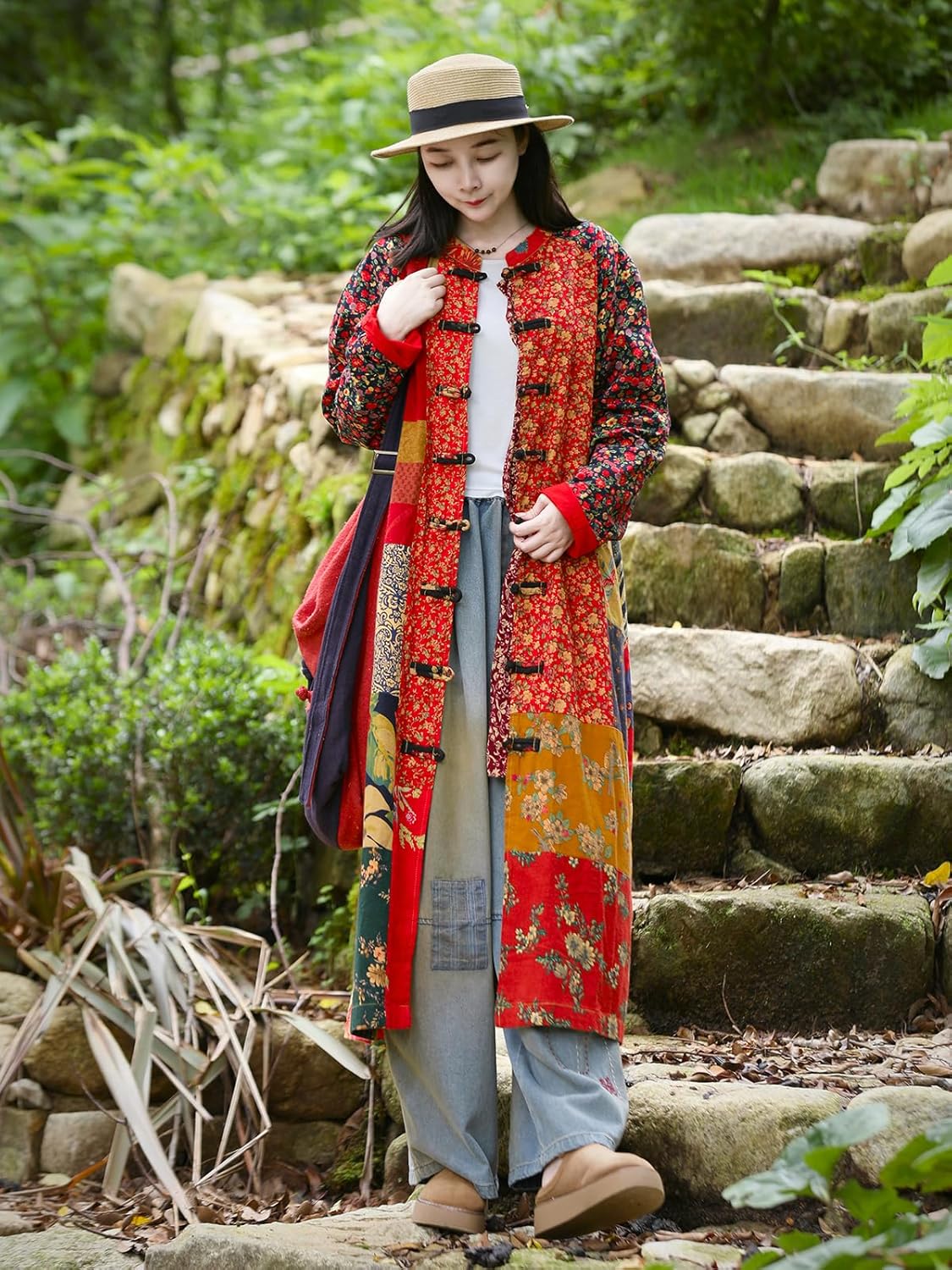 LZJN Women‘s Patchwork Trench Coat - Floral Cotton Linen Long Jacket, Cottagecore Bohemian Outerwear - Image 8