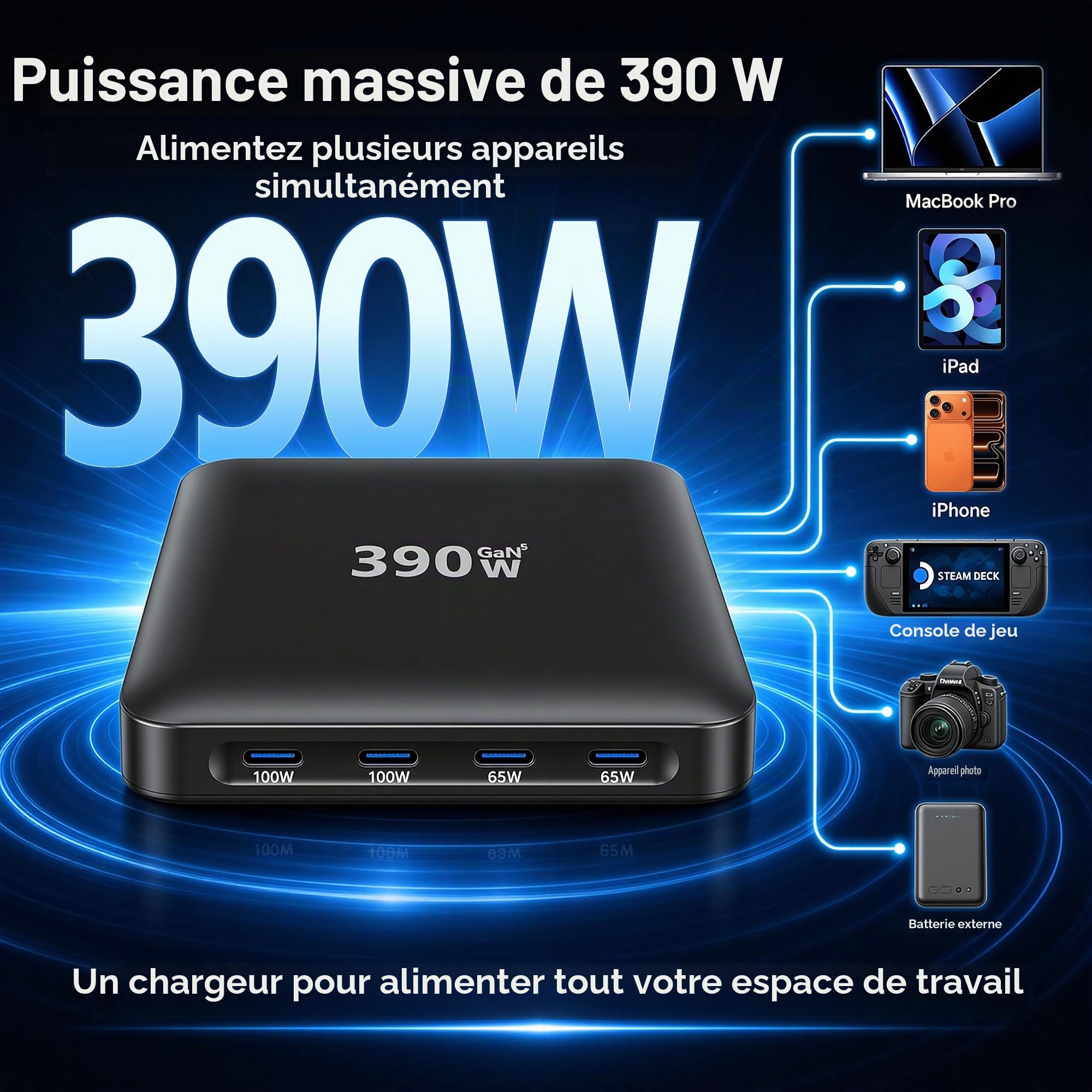Chargeur USB-C 390W, Chargeur 6 Ports avec 4 USB-C et 2 USB-A, Adaptateur d'alimentation GaN, Compatible avec iPhone 17/16/15/iPad/Galaxy S25/Ordinateur Portable/Tablette