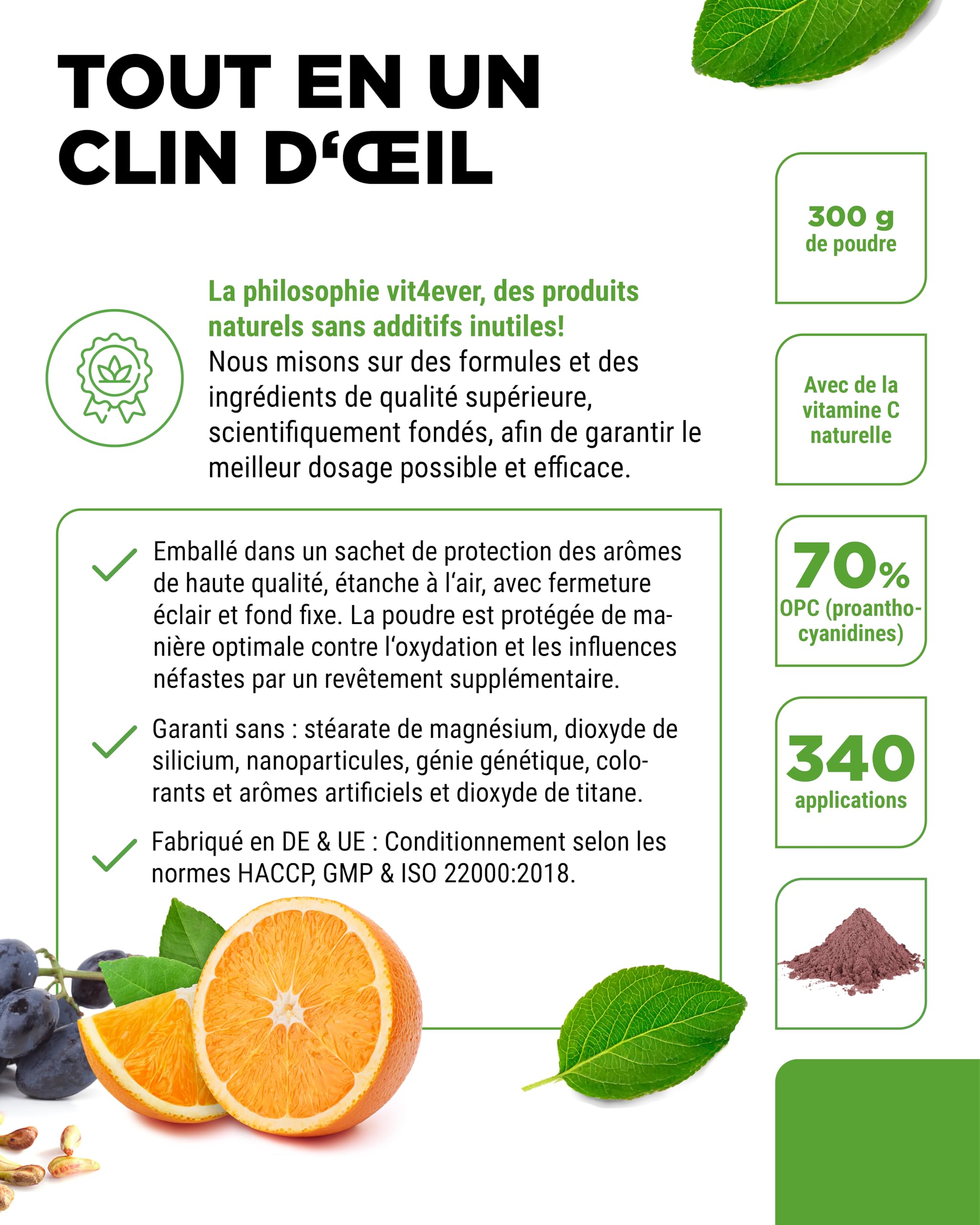 Extrait de pépins de raisin OPC + vitamine C - 300g de poudre - Pure OPC de raisins européens - Teneur en OPC de 70% selon la méthode HPLC (95% selon Bate-Smith) - Avec vitamine C naturelle - Vegan