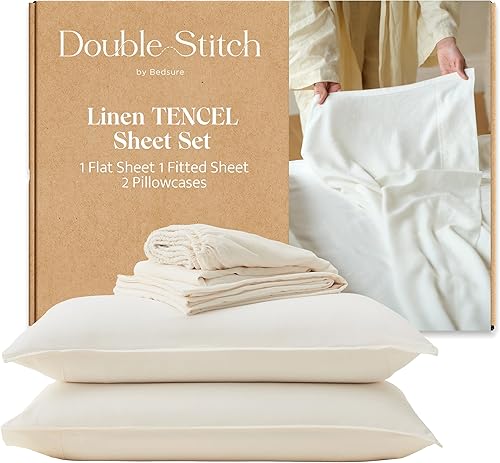 Double Stitch by Bedsure Sábanas de lino Tencel, presentadas en USA Today, juego de sábanas Queen con bolsillo profundo de hasta 16 pulgadas,
