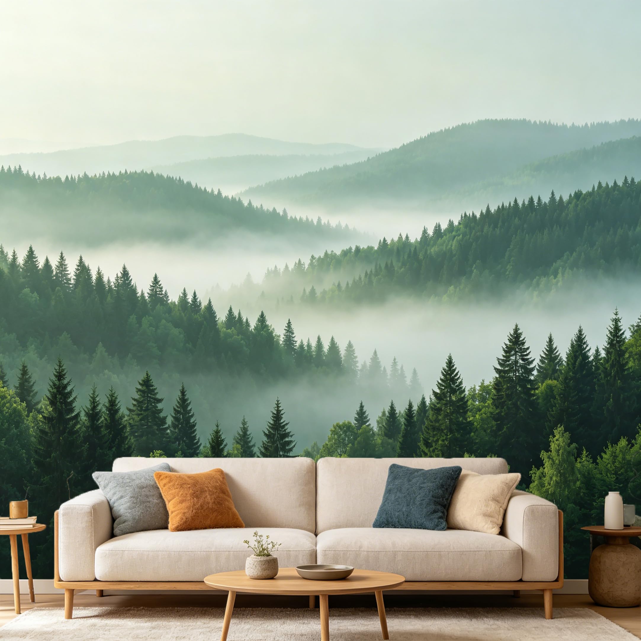 Custom Size Wall Mural， Misty Mountain Forest Landscape， Foggy Pine Trees Nature Scenery， SelfAdhesive Art Prints wall Fabric Removable Large Wallpaper Home Living Room Decor