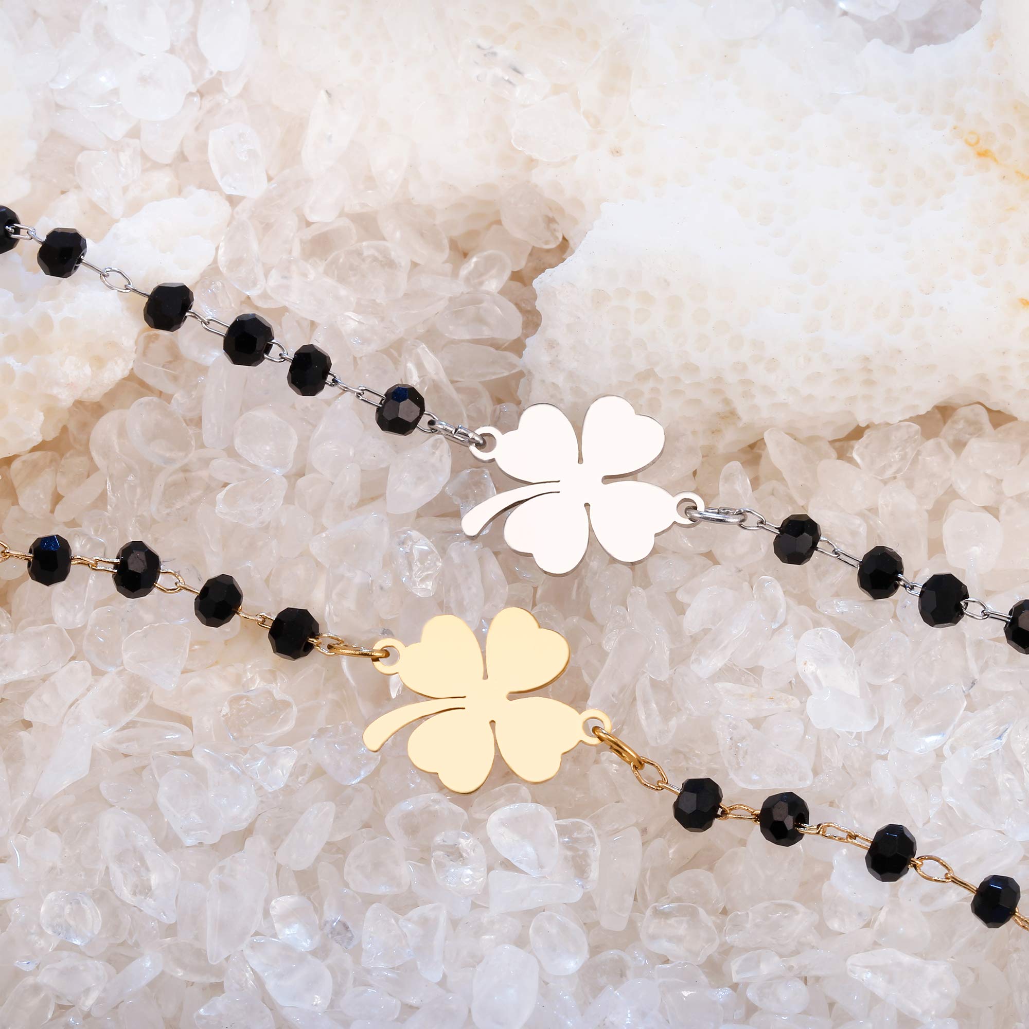 pengjin-Bracciale con ciondolo a quadrifoglio portafortuna, in acciaio inox, con perline nere, semplice braccialetto portafortuna