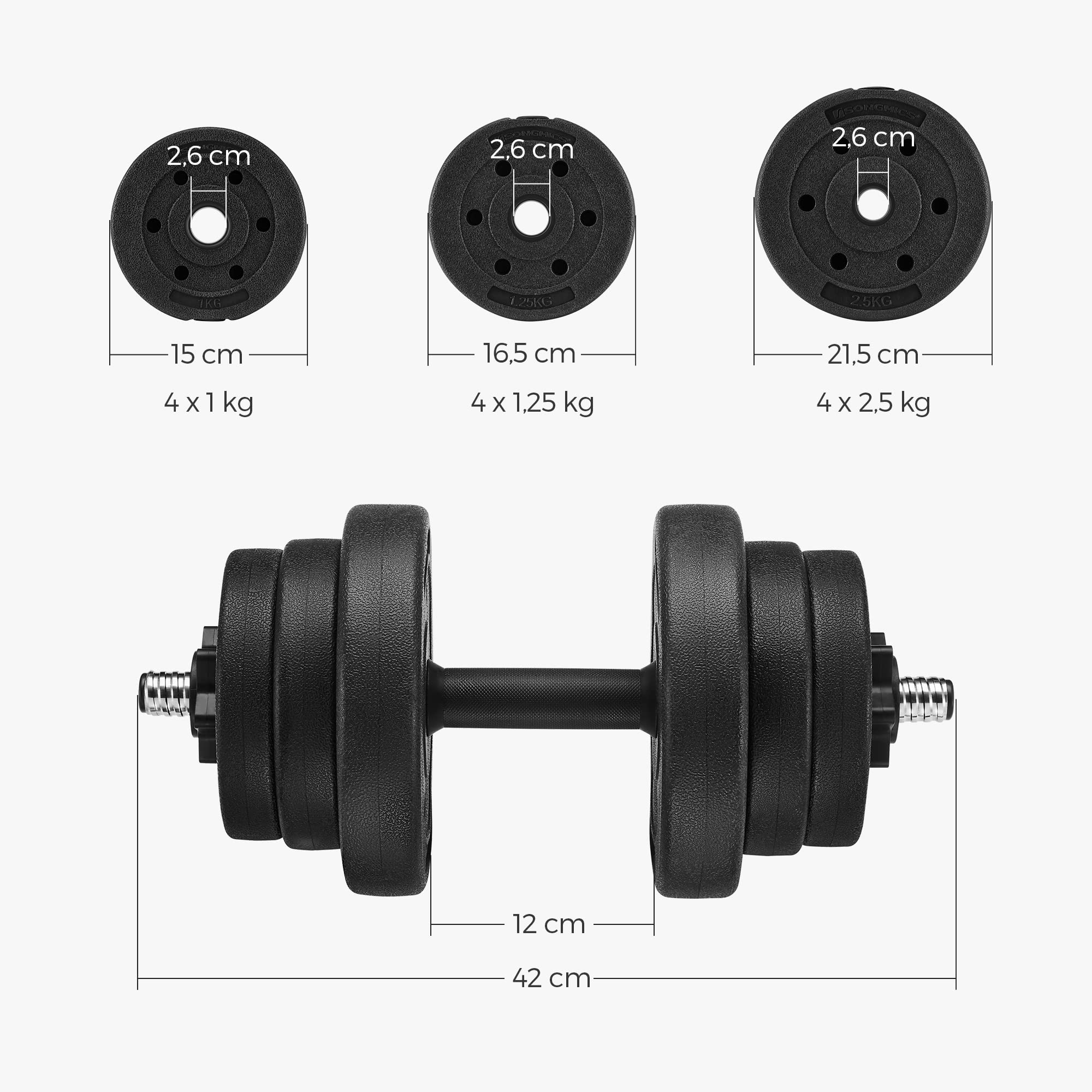 SONGMICS Set di manubri 2 in 1, manubri regolabili con barra extra bilanciere, piastre rivestite in plastica, esercizi fitness, palestra a casa