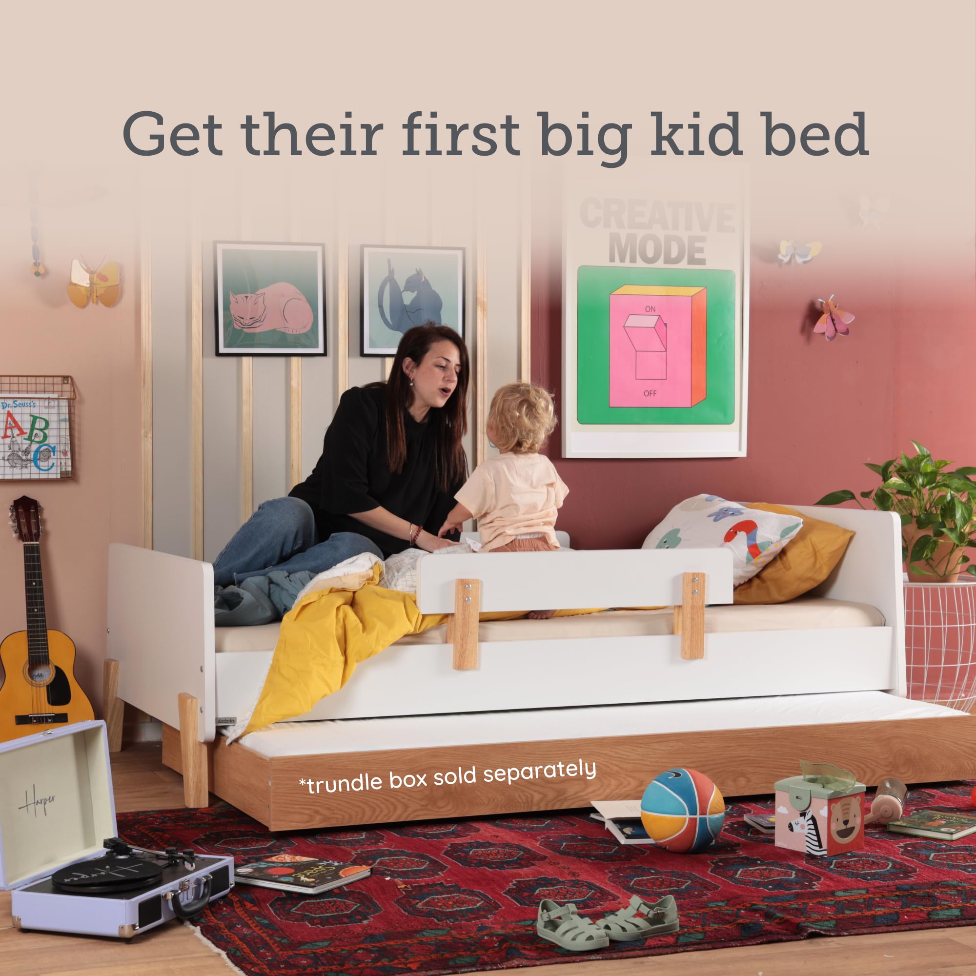 dadada Baby Fun Bed - Twin Bed Frame for Kids & Toddlers with Wood Headboard, Footboard, Platform and 2 Side Safety Rails. Montessori Bed, Easy Assembly, Baby-Safe Finishes, Ages 2-11 (White/Red Oak)