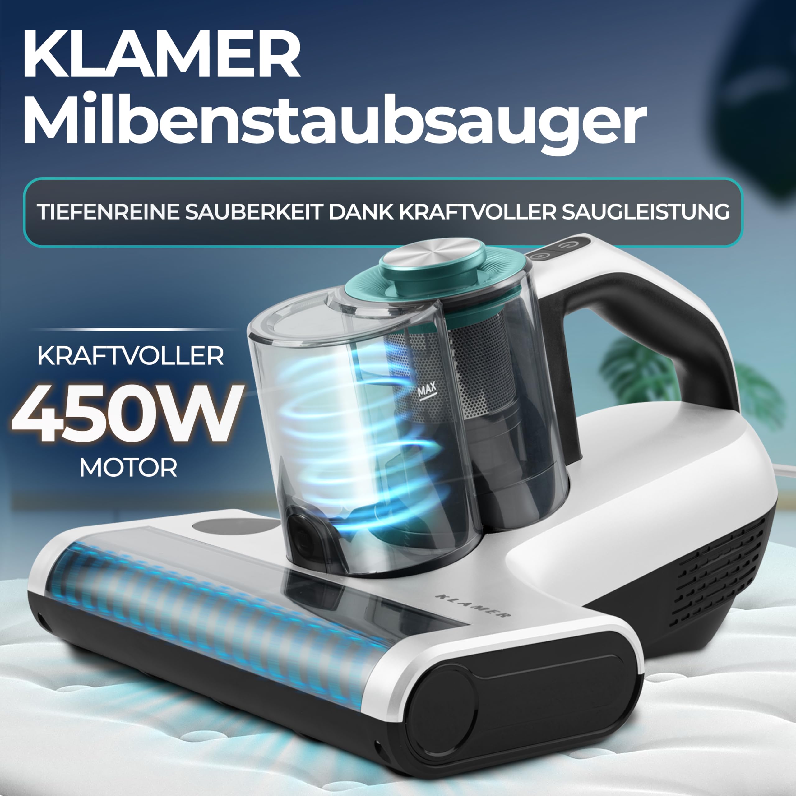 KLAMER Milbensauger 18kPa – Matratzensauger mit UV-Licht & 60°C Tiefenreinigung, Ultraschall & Schlagmodi, Anti-Verwicklungs-Bürste für Tierhaare, HEPA-Filter gegen Milben & Allergene