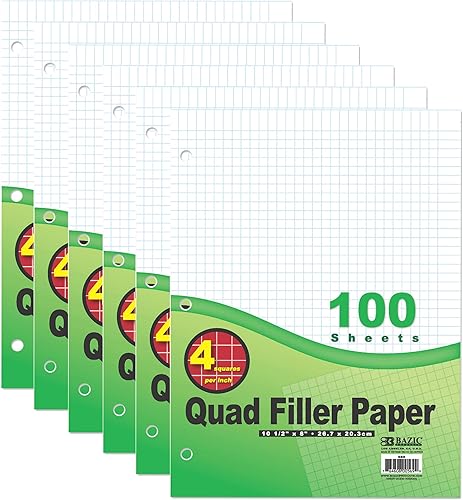 BAZIC - Papel de relleno de hojas sueltas de 100 hojas, 4-1 pulgada con rayas cuádruple, 3 agujeros perforados para carpetas de anillos, dibujo