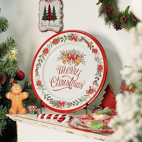 Miniatura 5 de Putuo Decor Platos redondos de Navidad de 13 pulgadas, platos rojos para cena, cargadores decorativos de metal antiguo para platos de cena, mesa,