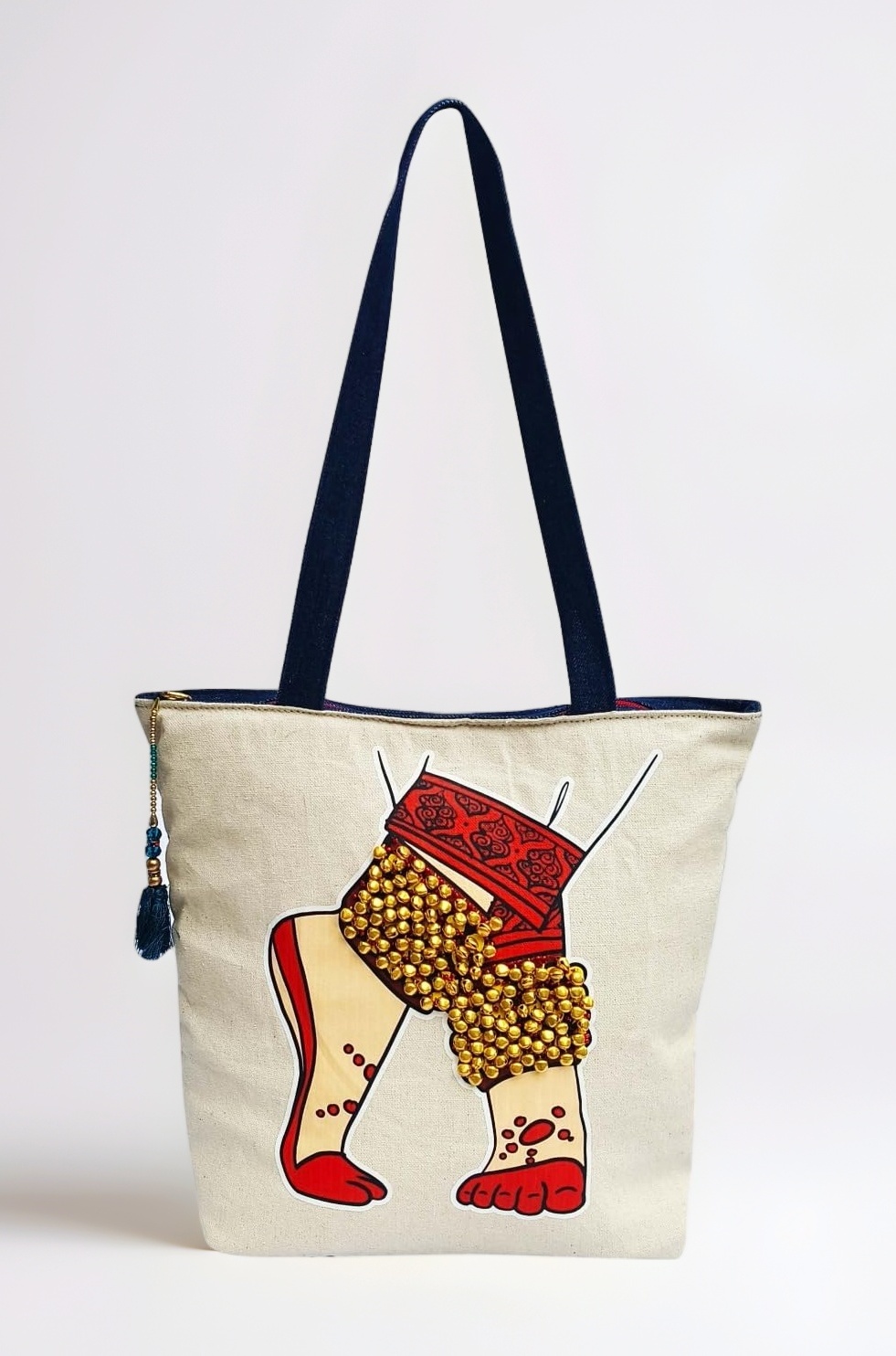 The Purani Jeans Hand-Printed Tote Bag with Classical Design–Reusable, Zipper Closure For Women & Girls