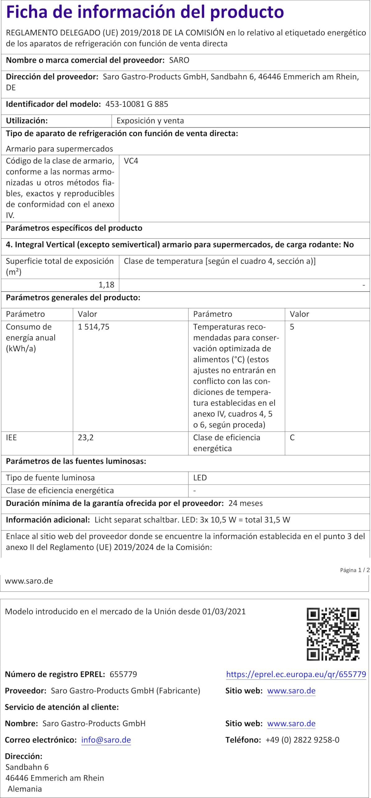 Saro Frigorífico con 2 puertas de cristal, color blanco, modelo G 885