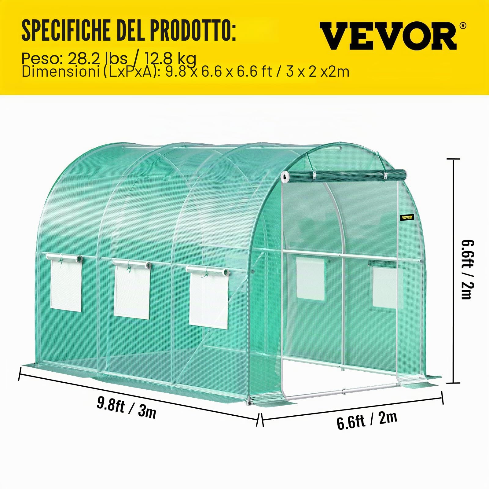 VEVOR Serra da Giardino per Piante a Tunnel Impermeabile con 6 Finestre e Porte 3 x 2,1 x 2,1m, Serra a Tunnel da Esterno Impermeabile in Acciaio Zincato Copertura PE 12,8 kg,Serra a Tunnel Verde,1077