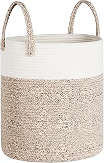 Univivi New Laundry Basket, 40L Foldable Blanket Baskets, Woven Storage Baskets with Sturdy Handle, Large Toy Storage Basket for Kids Baby, Nursery Decor Rope Basket, Khaki+White (35x40cm)