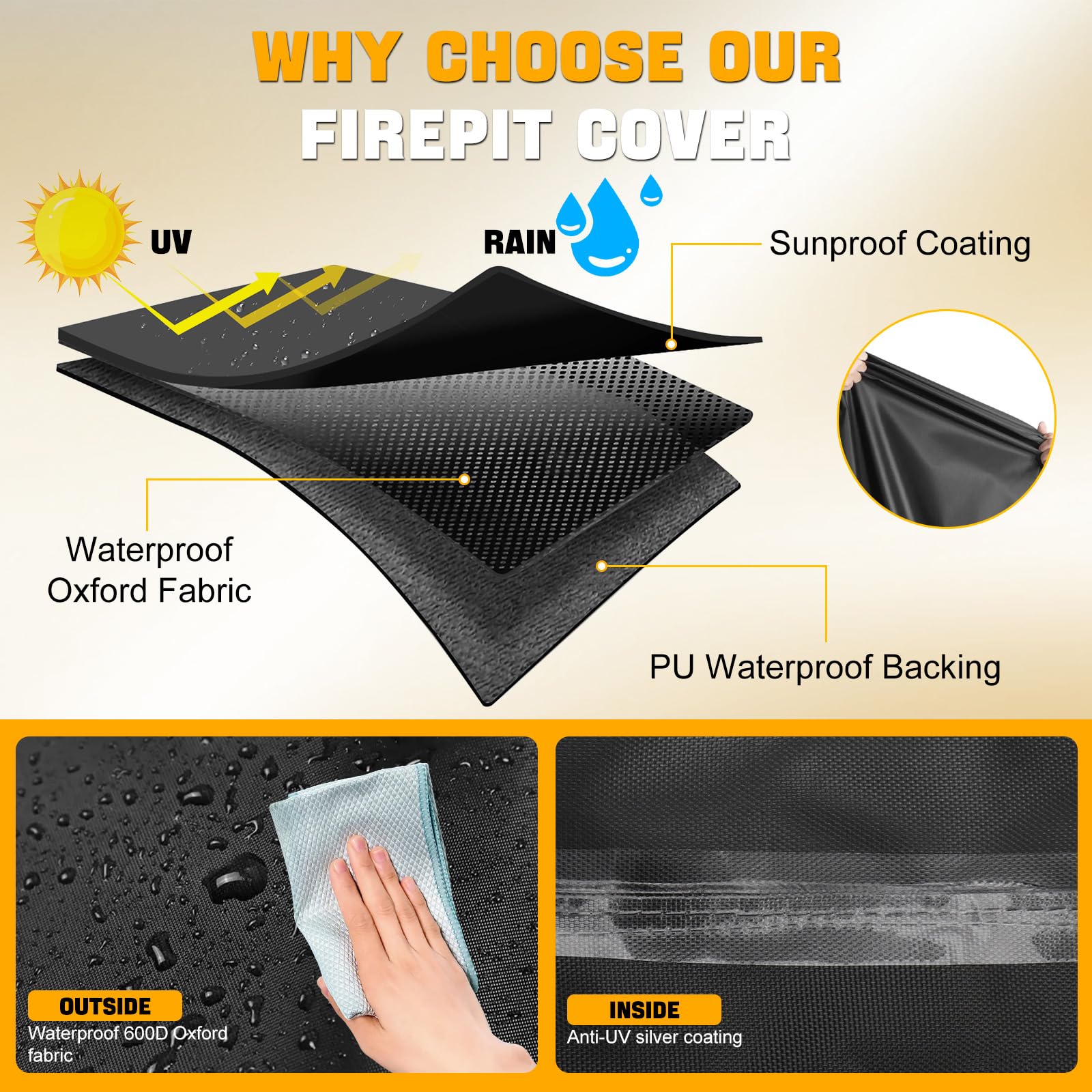 Cover for Ninja Fireside 360 Outdoor Fire Pit & Patio Heater, 600D Waterproof Oxford with PU Backing, UV & Tear Resistant, Windproof Cover Fits Round Firepit up to 24"D x 29"H, Easy Clean & Install - 4