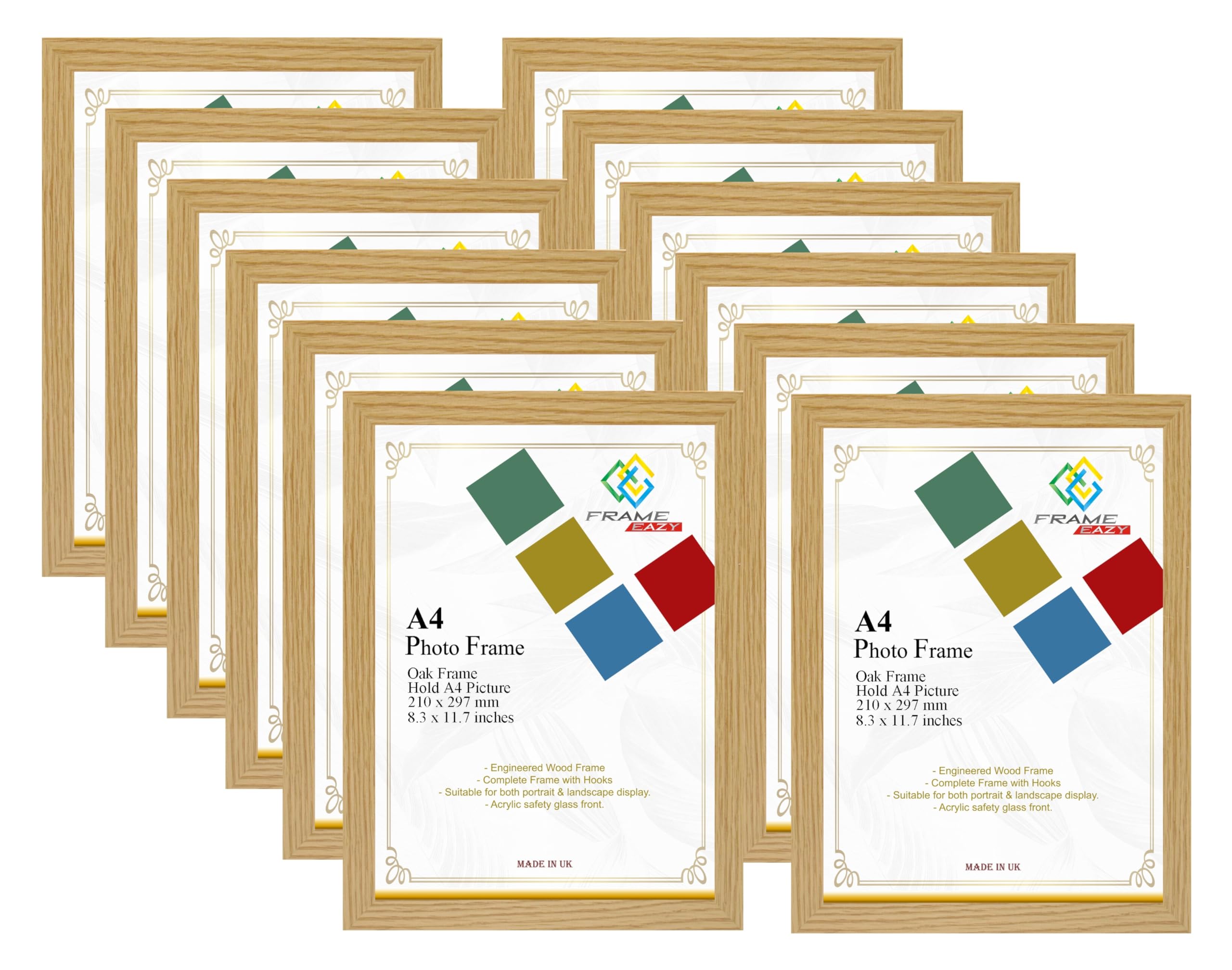 FRAME EAZY Oak Modern A4 Photo Frame Multipack of 12 in Size 29.7 x 21cm Picture Frames - A4 Certificate Frame - Oak Frame with Clear Perspex Sheet & Wall Mounted Hooks - Box of 12