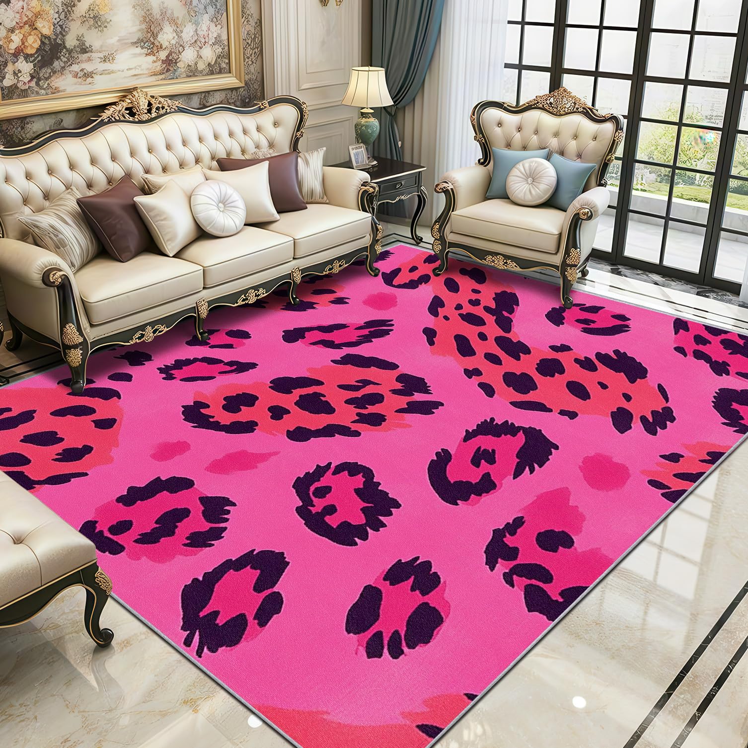 Leopard Print Rug -Hot Pink Animal Print Small Rugs for Bedroom 60x90, Girls Floor Mat Soft Washable Non Slip Indoor Mats