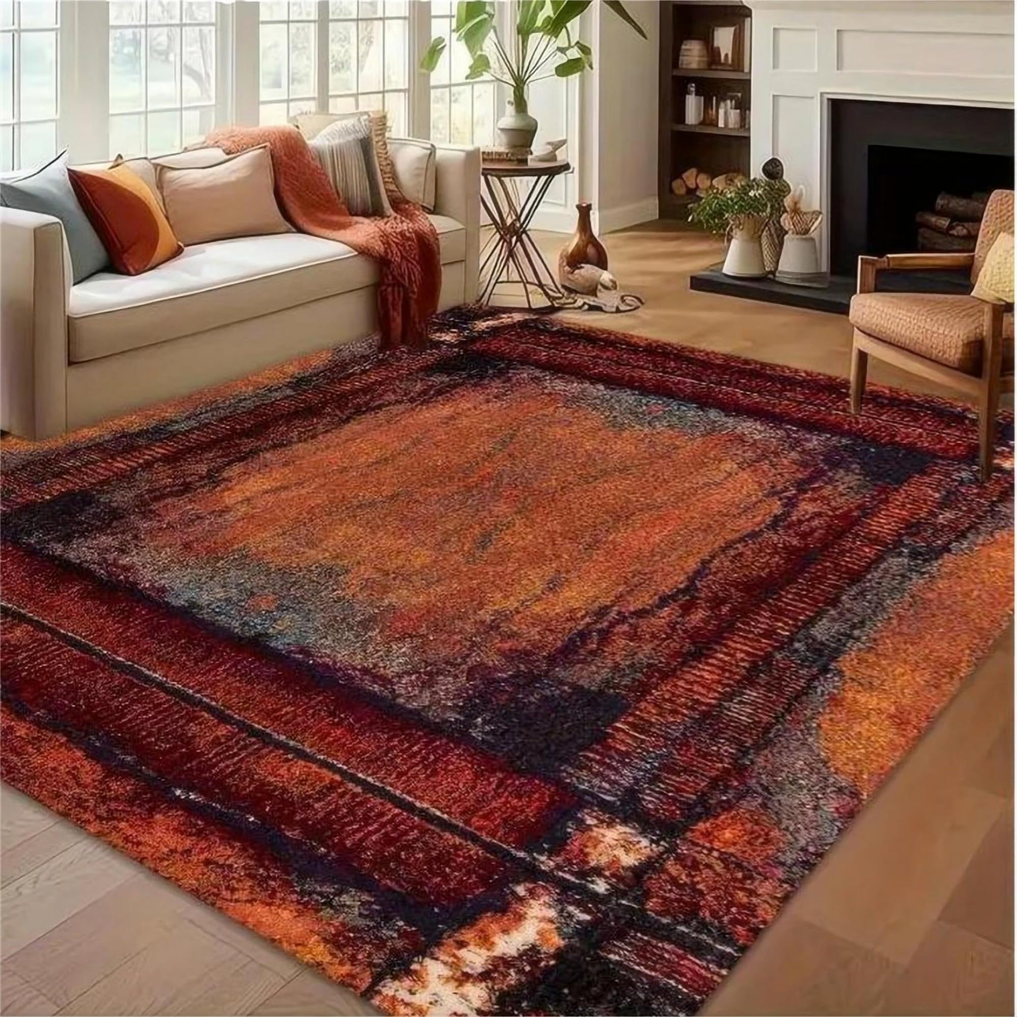 Kuluoits Vintage Abstract Area Rug, 180x230cm Rustic Distressed Country Style Brown Washable Rugs, Soft Non-Slip Durable Carpet Mat Perfect for Living Rooms Bedrooms Dining Rooms and Bathrooms