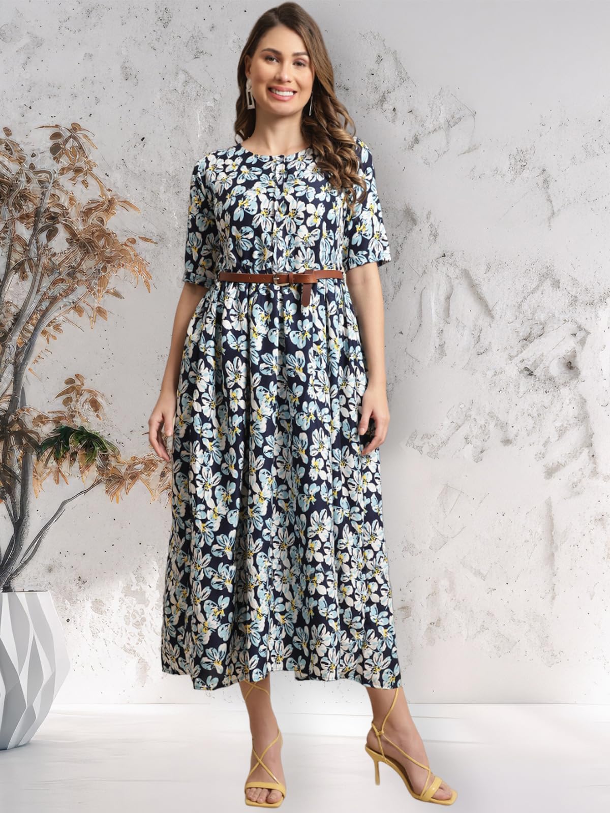 Preneum Girls's Georgette Floral Printed 3/4 Slevees A-Line Fit & Flare Gown With Belt, Sky Blue, S