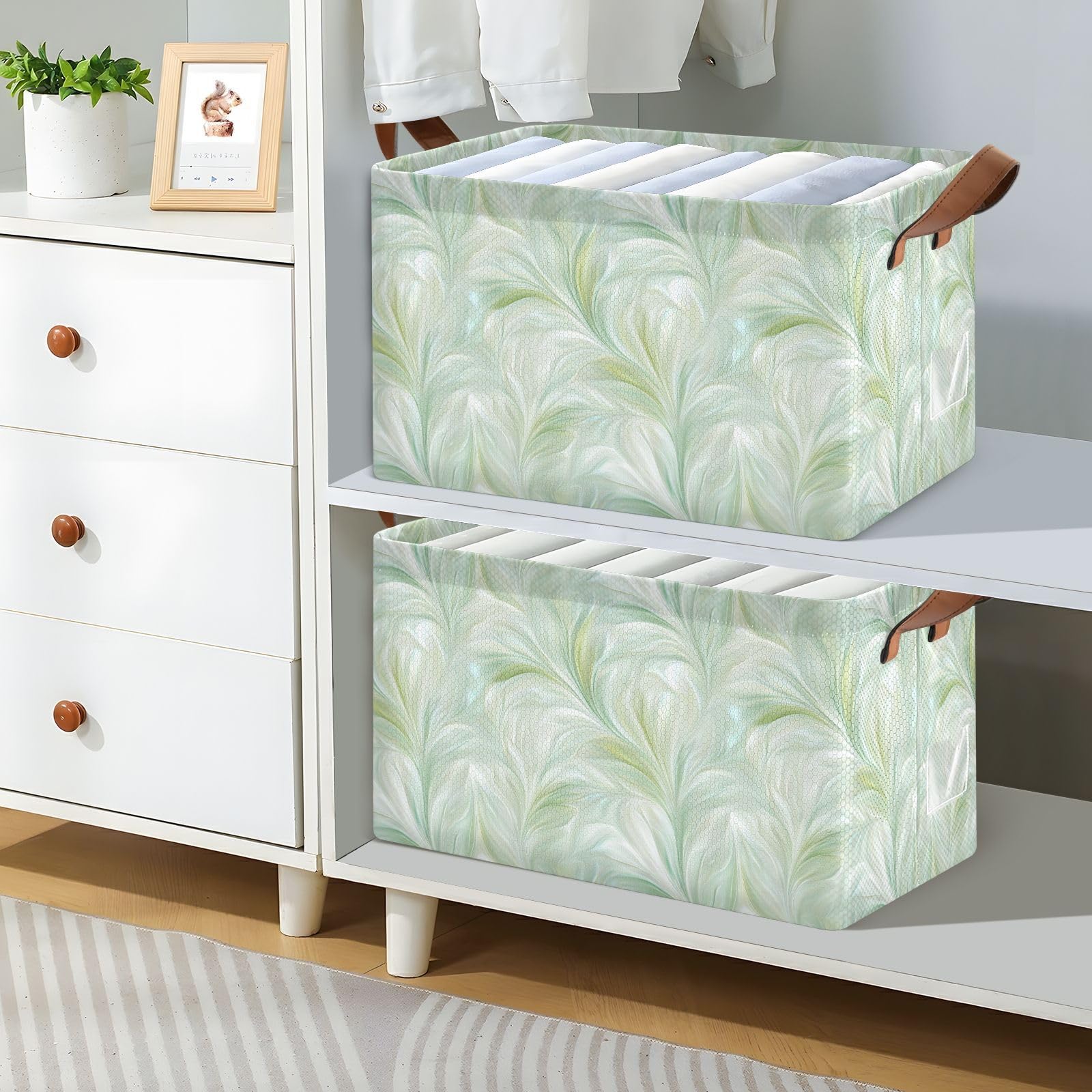KLL Dreamy zielone białe kosze do przechowywania na półki z uchwytami organizer sześcienny do sypialni, salonu, organizacji domu, 2-pak cajas de almacenamiento para closet