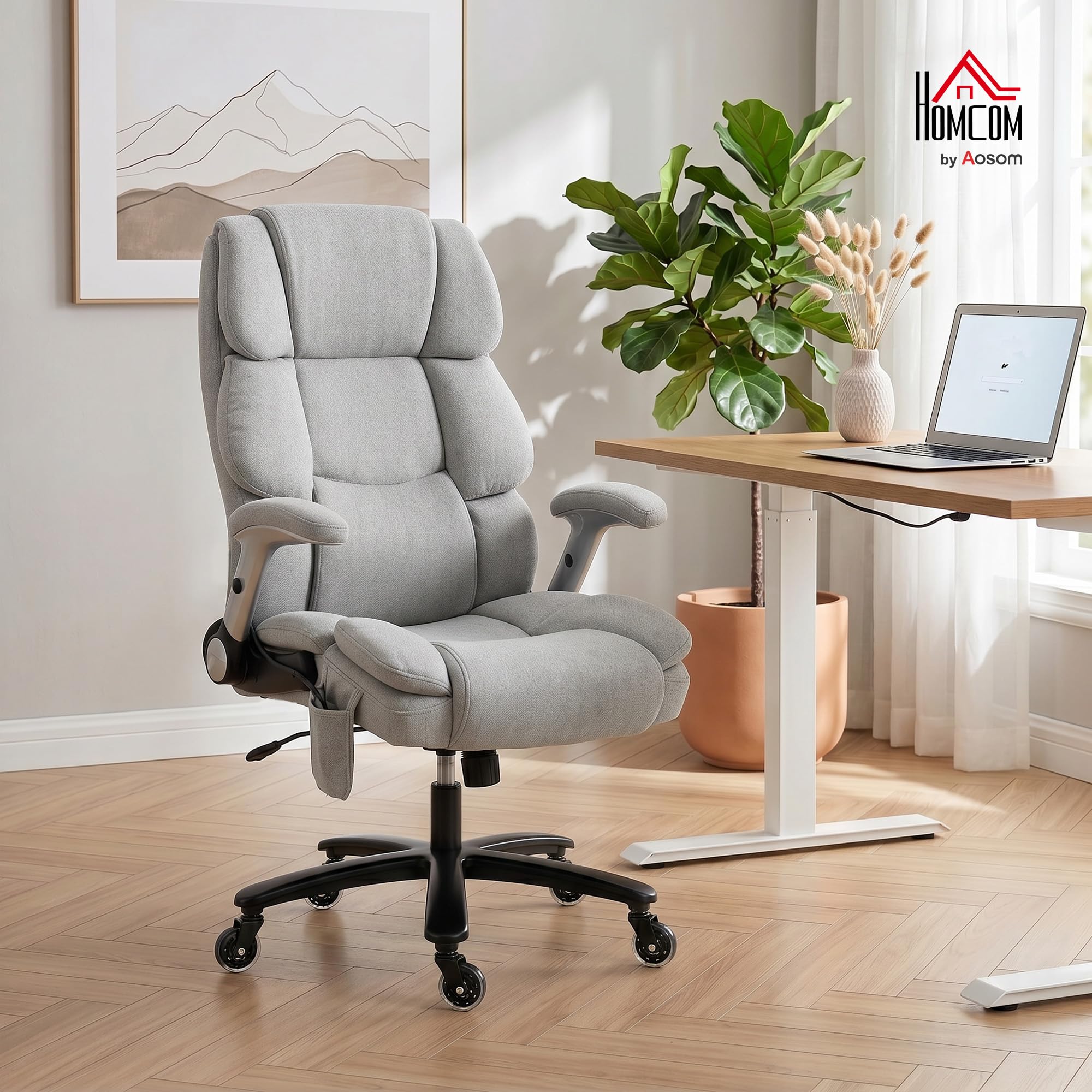 HOMCOM Bürostuhl Ergonomischer Chefsessel Wippfunktion 180 kg Hellgrau | Hochklappbare Armlehnen, Breiter XXL Sitz, Höhenverstellbarer Schreibtischstuhl, Airbag-Lendenstütze, Drehstuhl