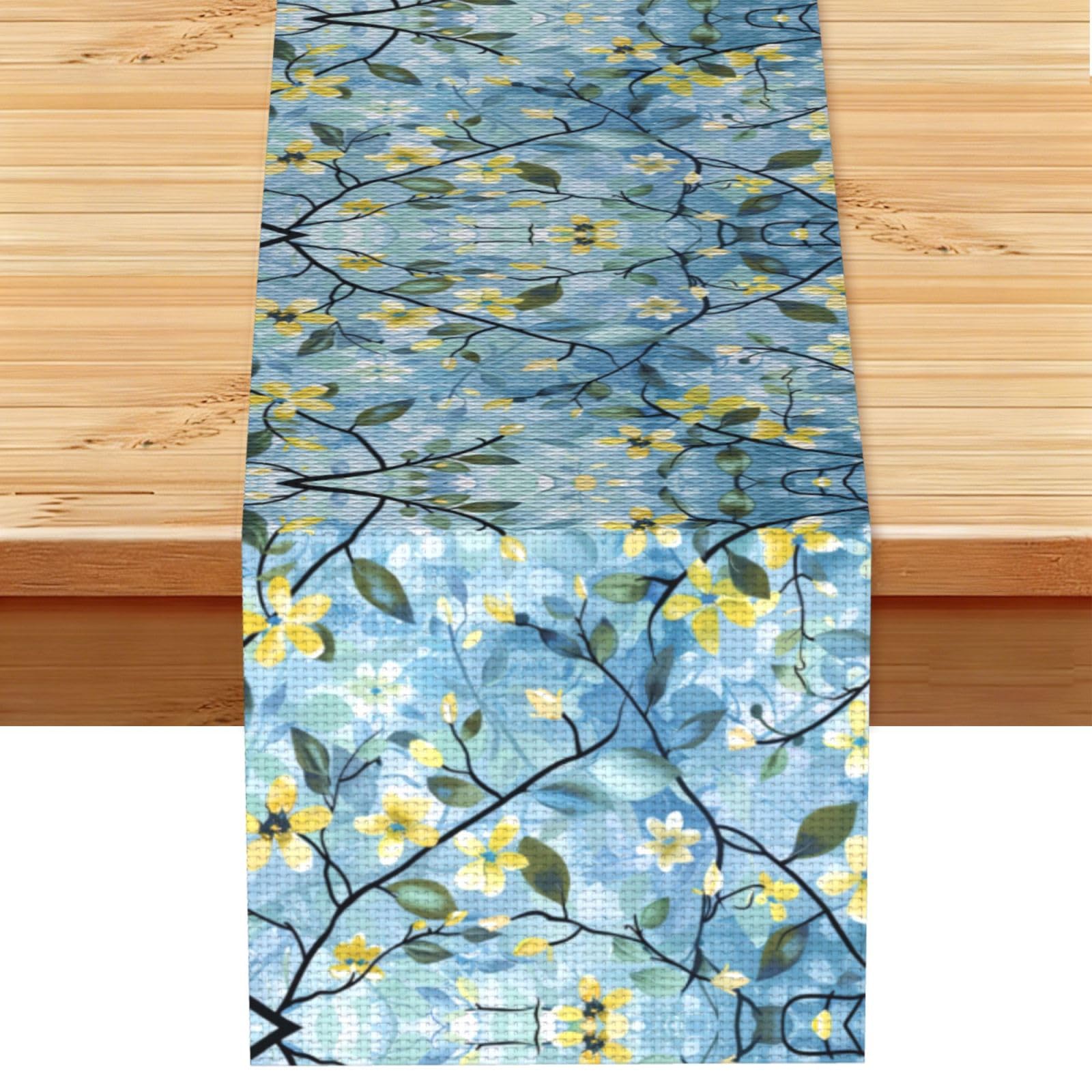 Cool Yellow Blue Vine Printed Table Runner 13 x 72, Wrinkle Resistant Decor for Dining Table Coffee Table Fireplace