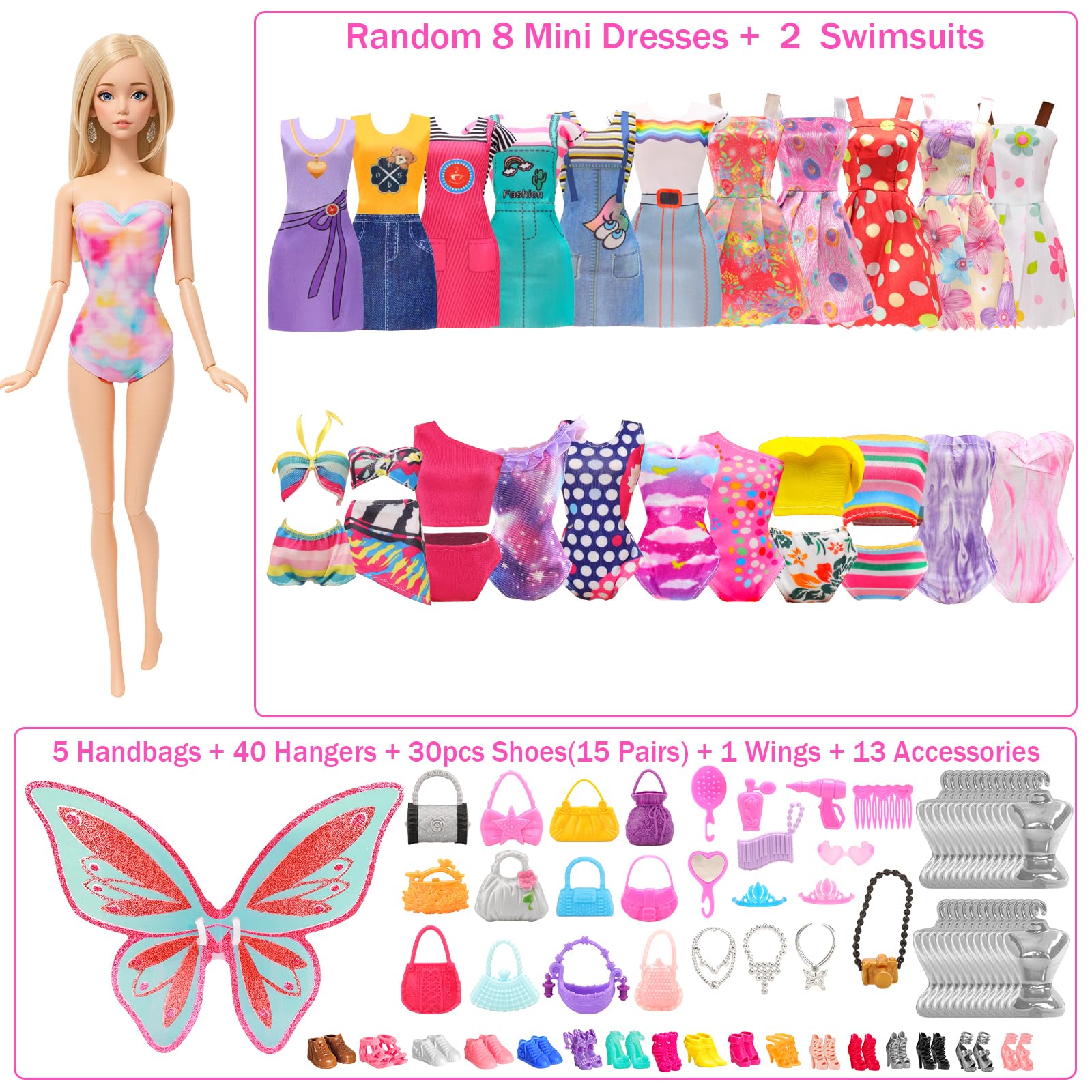 Miunana 95 Lalki Ubrania i akcesoria Moda Sukienki Topy Spodnie Strój Stroju Party Suknia Mini Sukienki kąpielowe Bikini Buty Księżniczka Skrzydła Wieszaki Torebka dla 11.5 calowej lalki