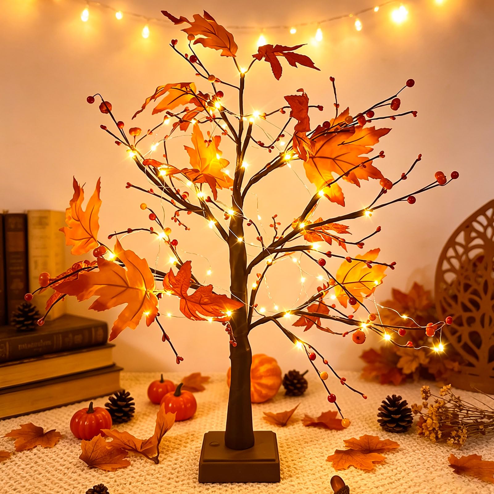Herbstdeko Ahornblatt Baum mit Lichterketten 61cm