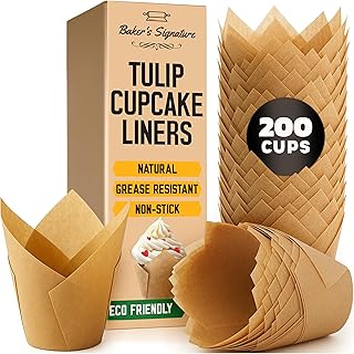Tulip Cupcake Liners, Muffin Liners for Baking by Baker’s Signature – 200pcs of Parchment Paper Cups Cupcake Wrappers – Perfect Size, Sturdy, Greaseproof & Easy to Use – Wedding Decor – Natural Brown