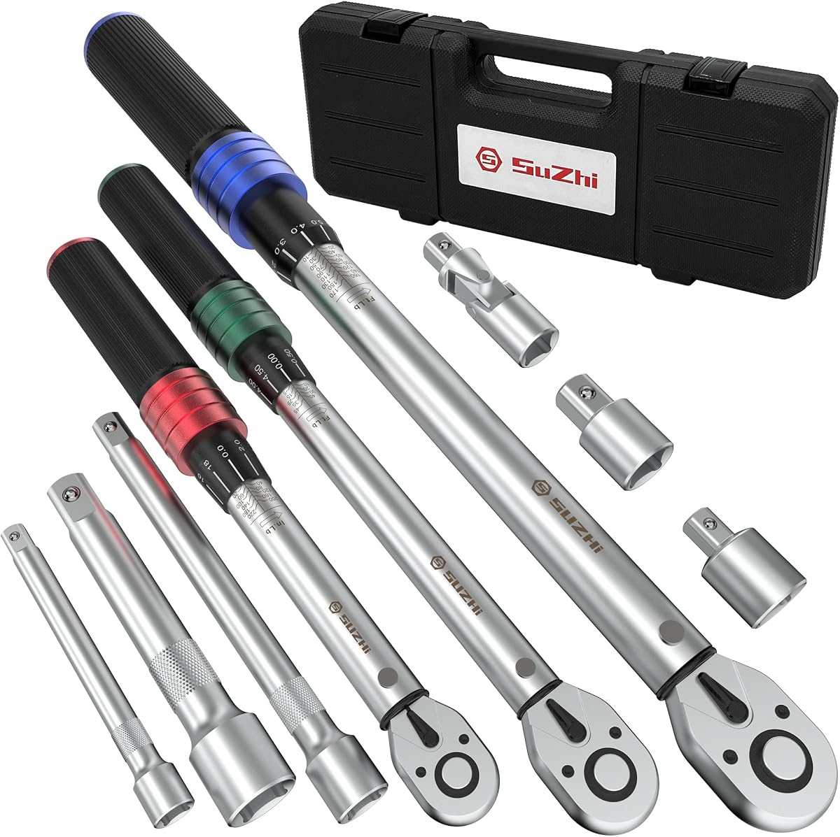 1/4 3/8 1/2 9PC Torque Wrench Set 20-220 In lb,5-45 &10-170 Ft lb,3 extension bar & 3 adapter,3% Accuracy,72 T,Chrome plated,anti-rust,no scratch & wear-resistant than Black,for DIY, bike,car & truck